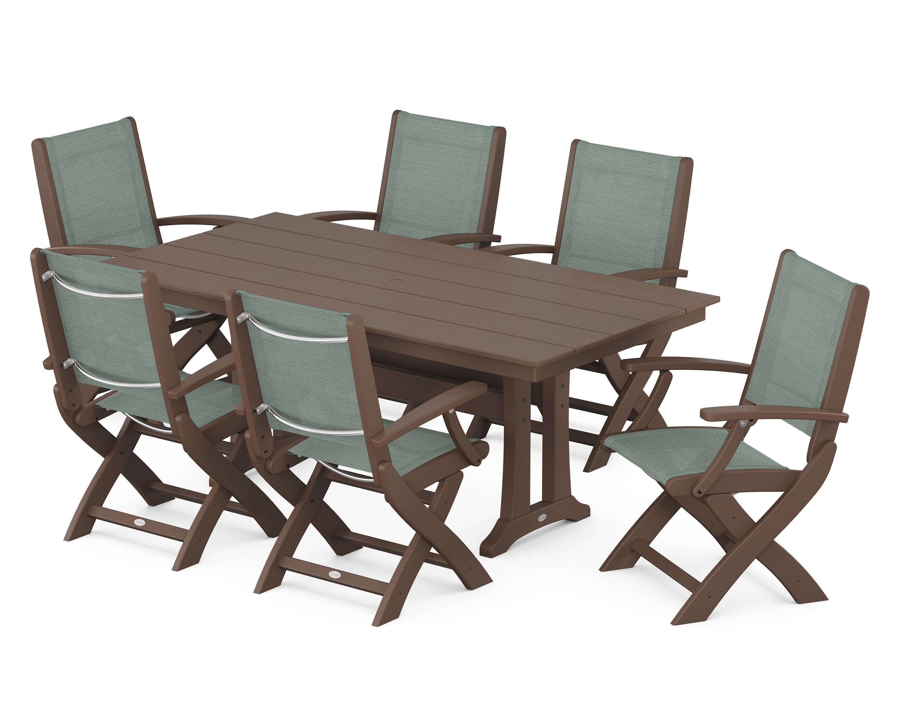 Coastal Folding Arm Chair 7-Piece Farmhouse Dining Set with Trestle Legs in Mahogany / Dupioni Sea Mist Sling