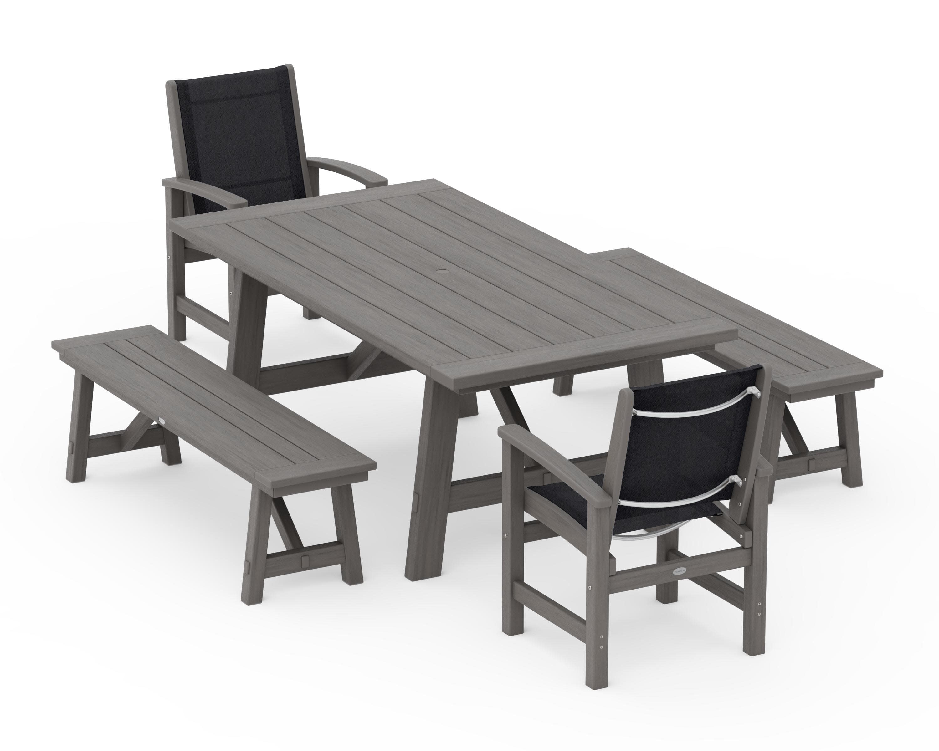 Coastal 5-Piece Rustic Farmhouse Dining Set With Benches in Driftwood / Black Sling