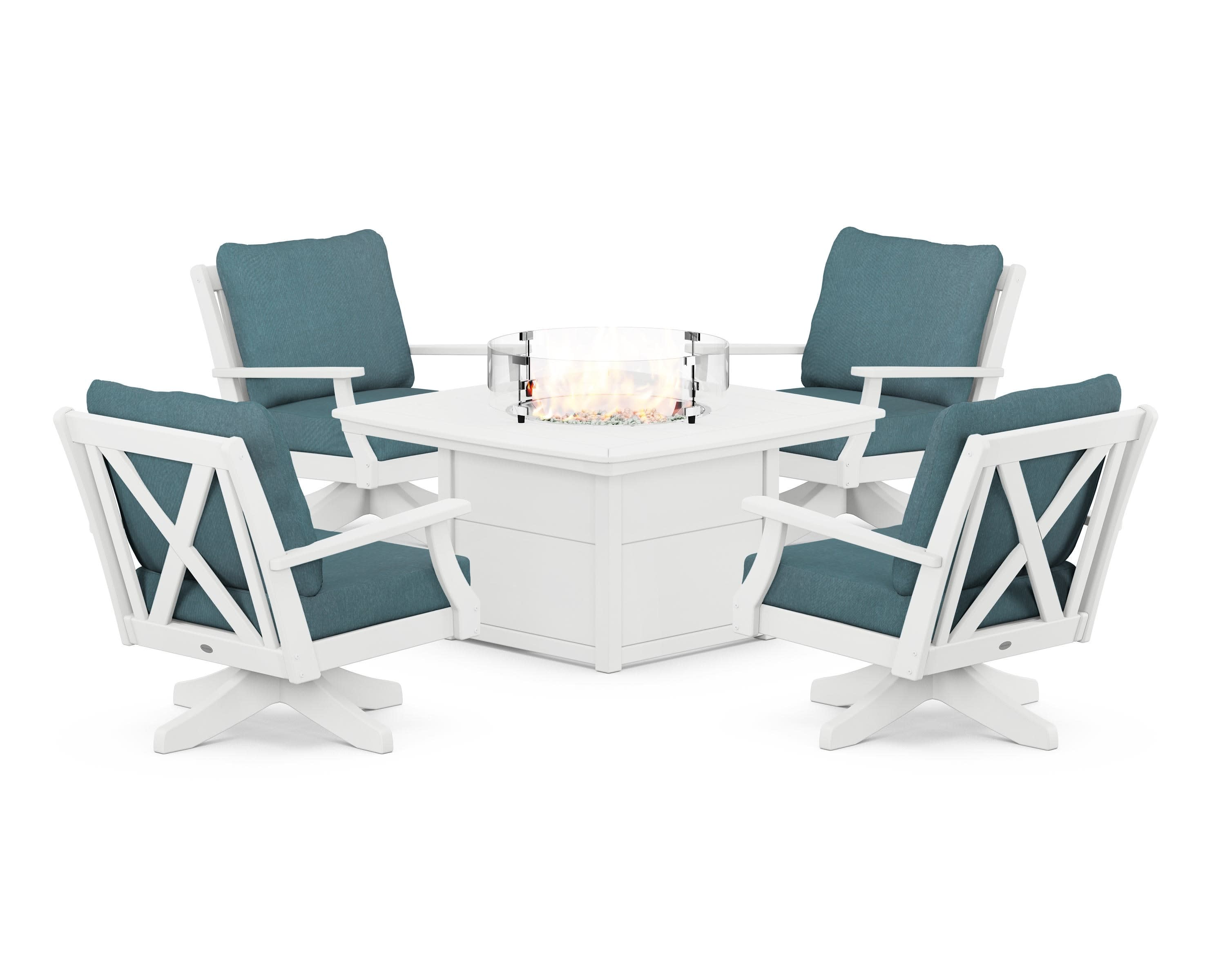 Braxton 5-Piece Deep Seating Swivel Conversation Set with Fire Pit Table in White / Ocean Teal