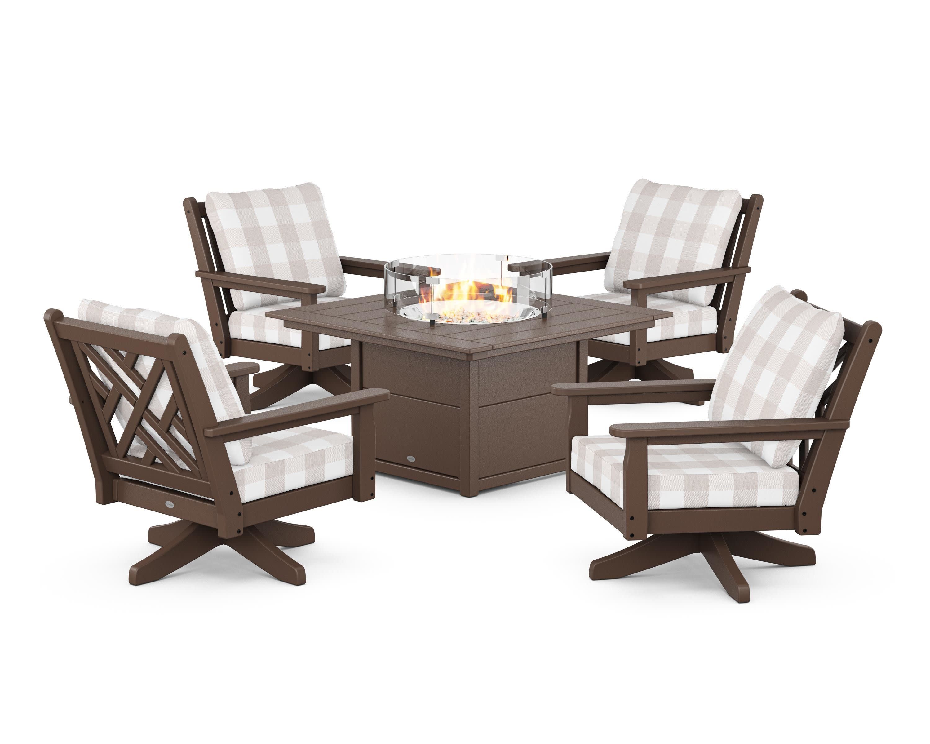 Chippendale 5-Piece Deep Seating Swivel Conversation Set with Fire Pit Table in Mahogany / Buffalo Plaid Dune Burlap