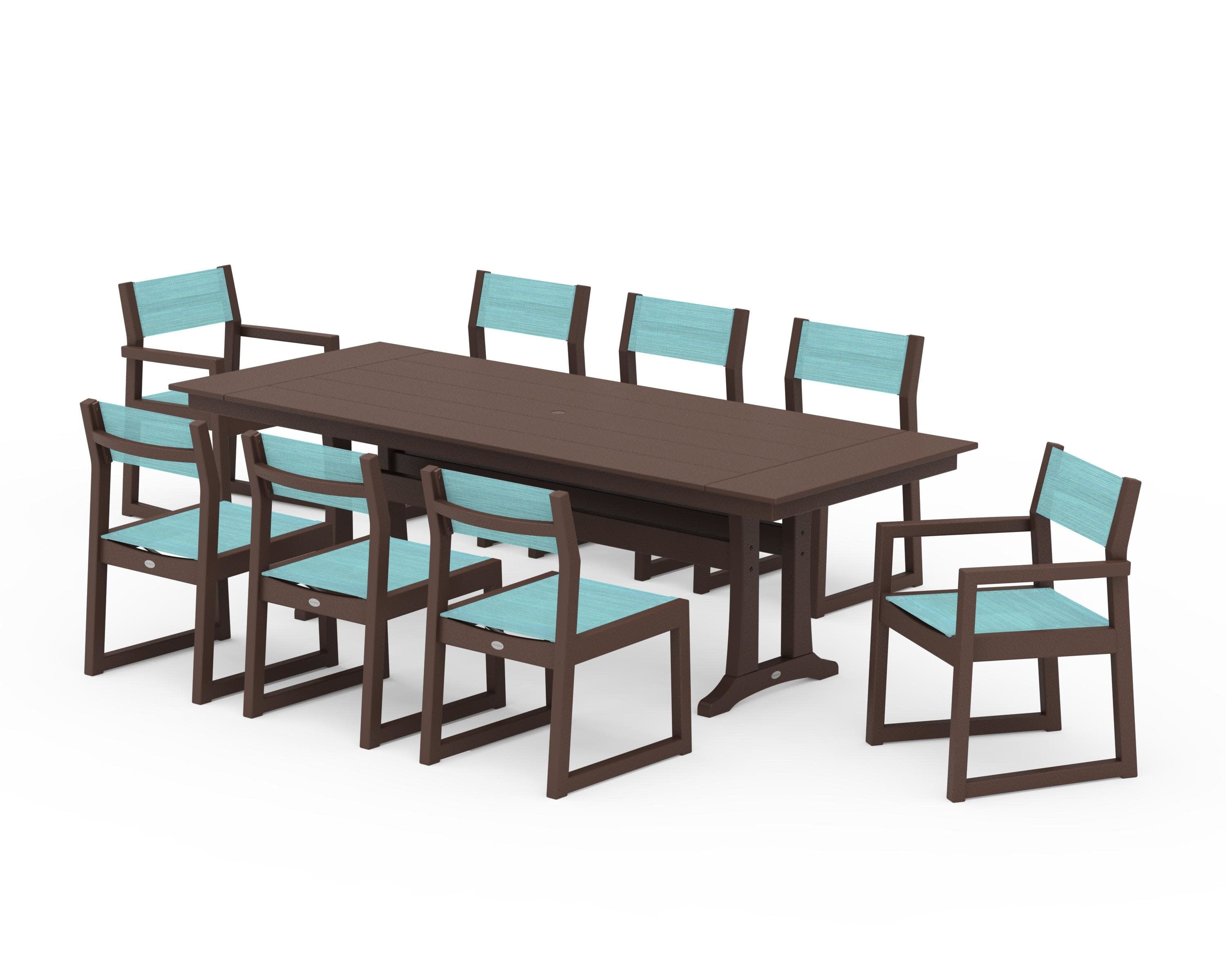EDGE Sling 9-Piece Farmhouse Trestle Dining Set in Mahogany / Dupioni Aquamarine Sling