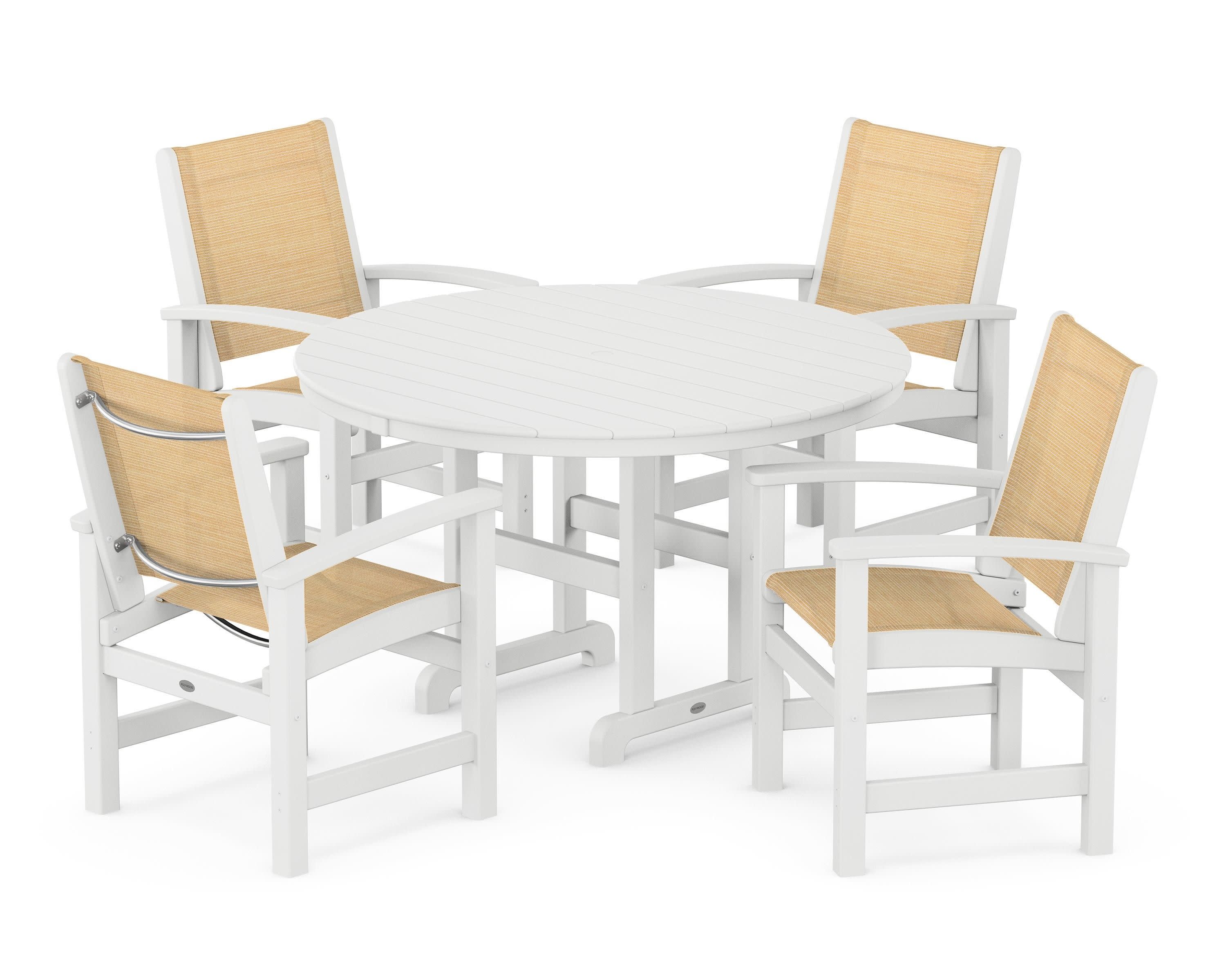Coastal 5-Piece Round Farmhouse Dining Set in White / Dupioni Apricot Sling