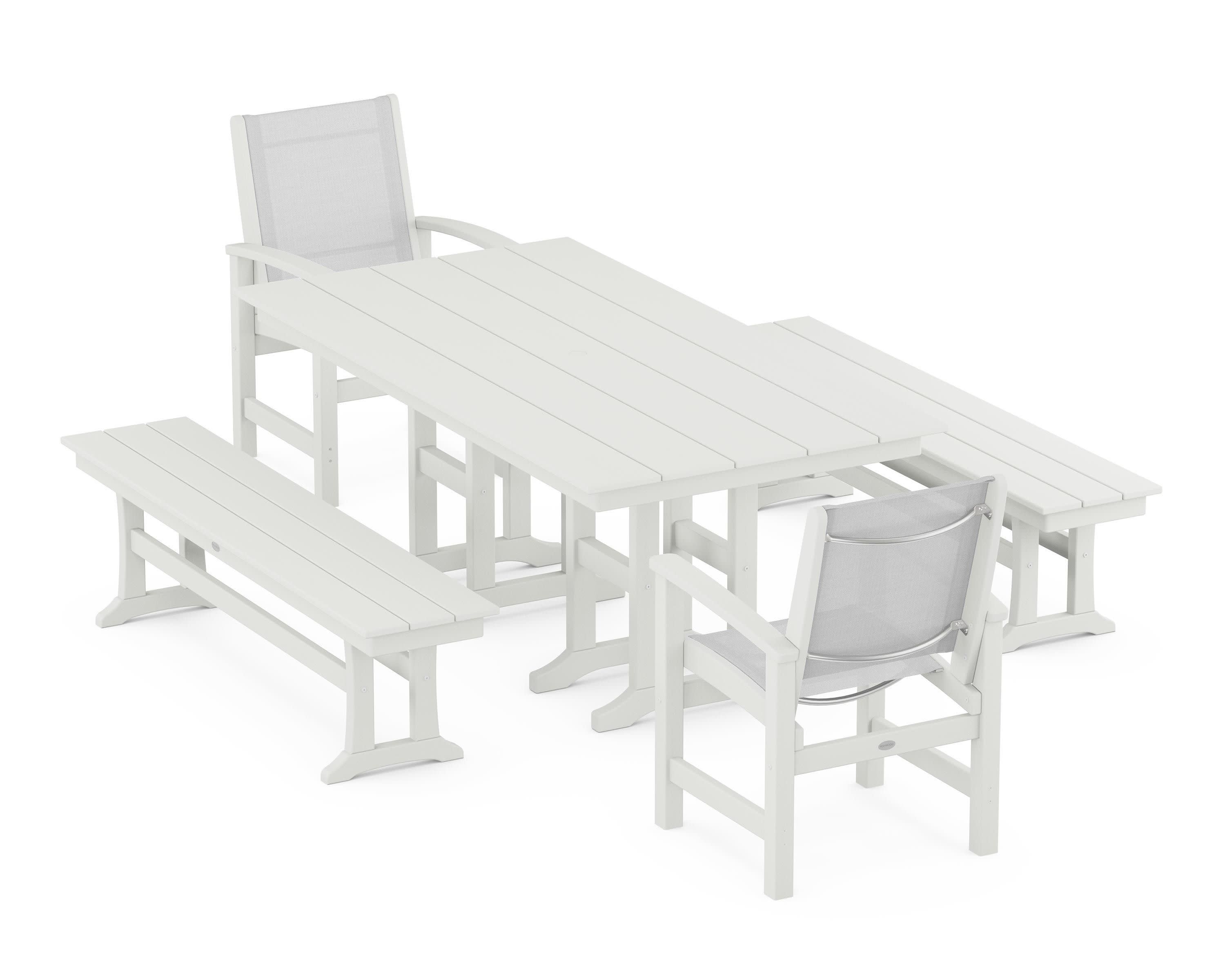 Coastal 5-Piece Farmhouse Dining Set in Vintage White / White Sling