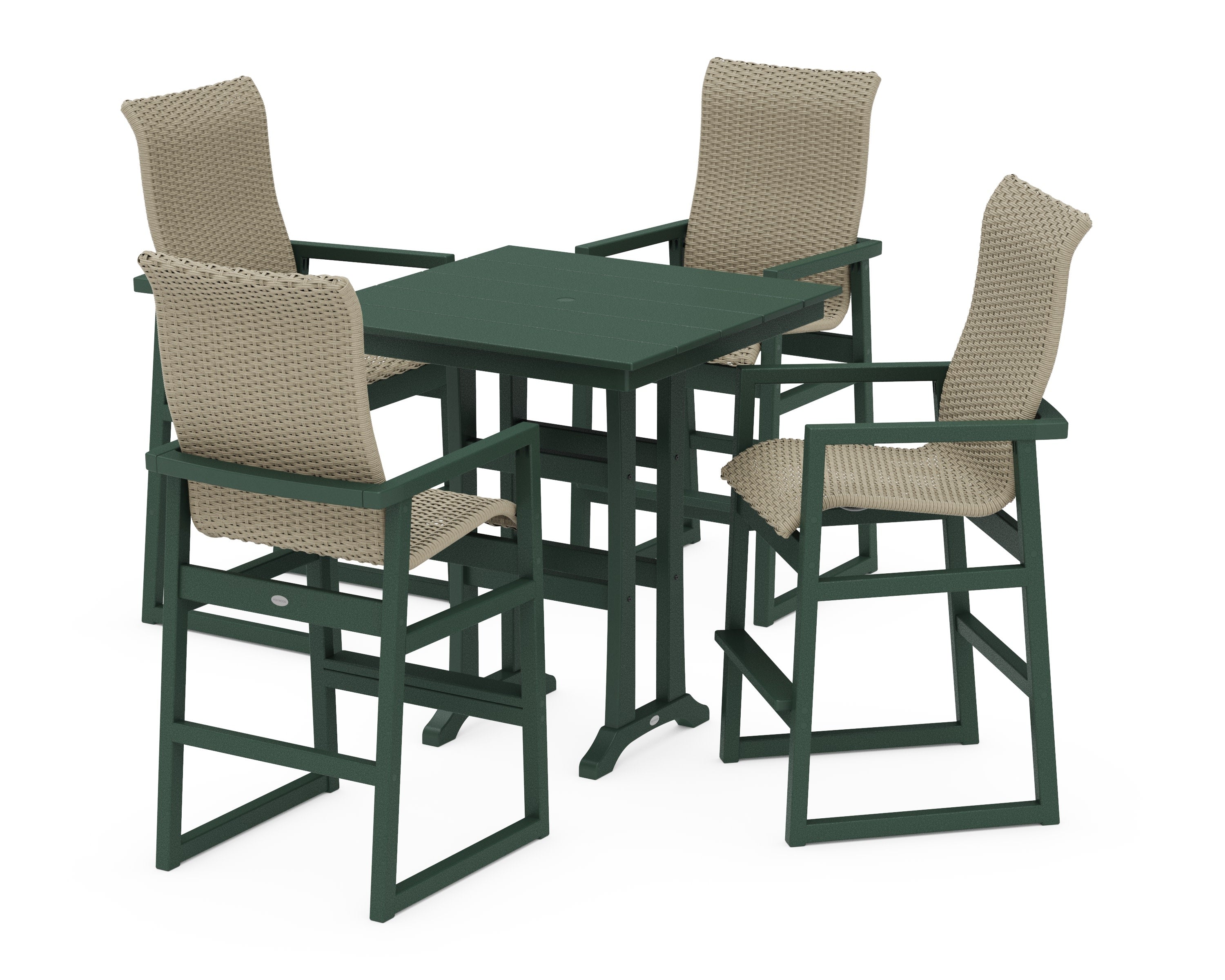 EDGE Woven Highback 5-Piece Farmhouse Bar Set with Trestle Legs in Green / Dune Grass