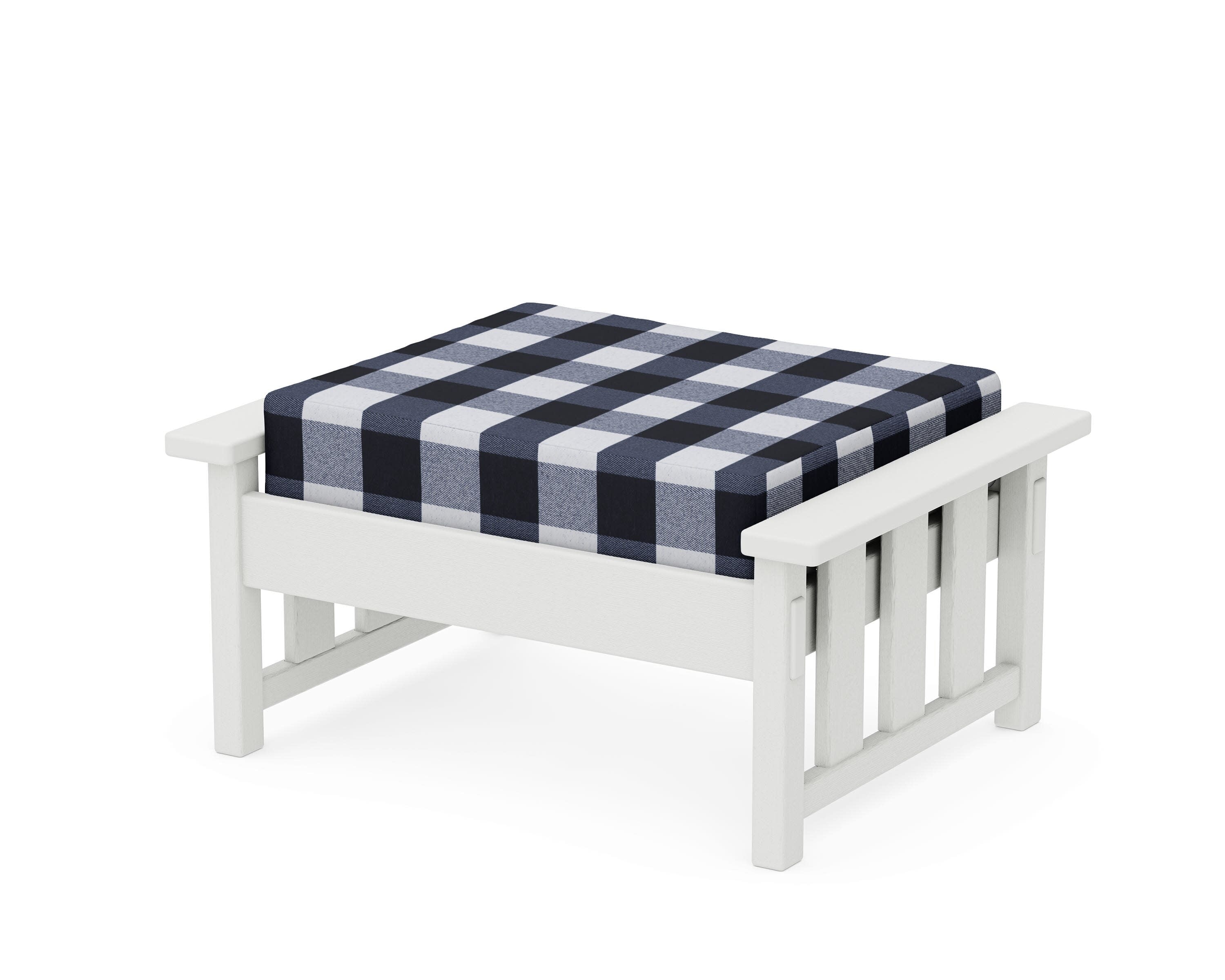 Acadia Deep Seating Ottoman in Vintage White / Buffalo Plaid Marine Indigo