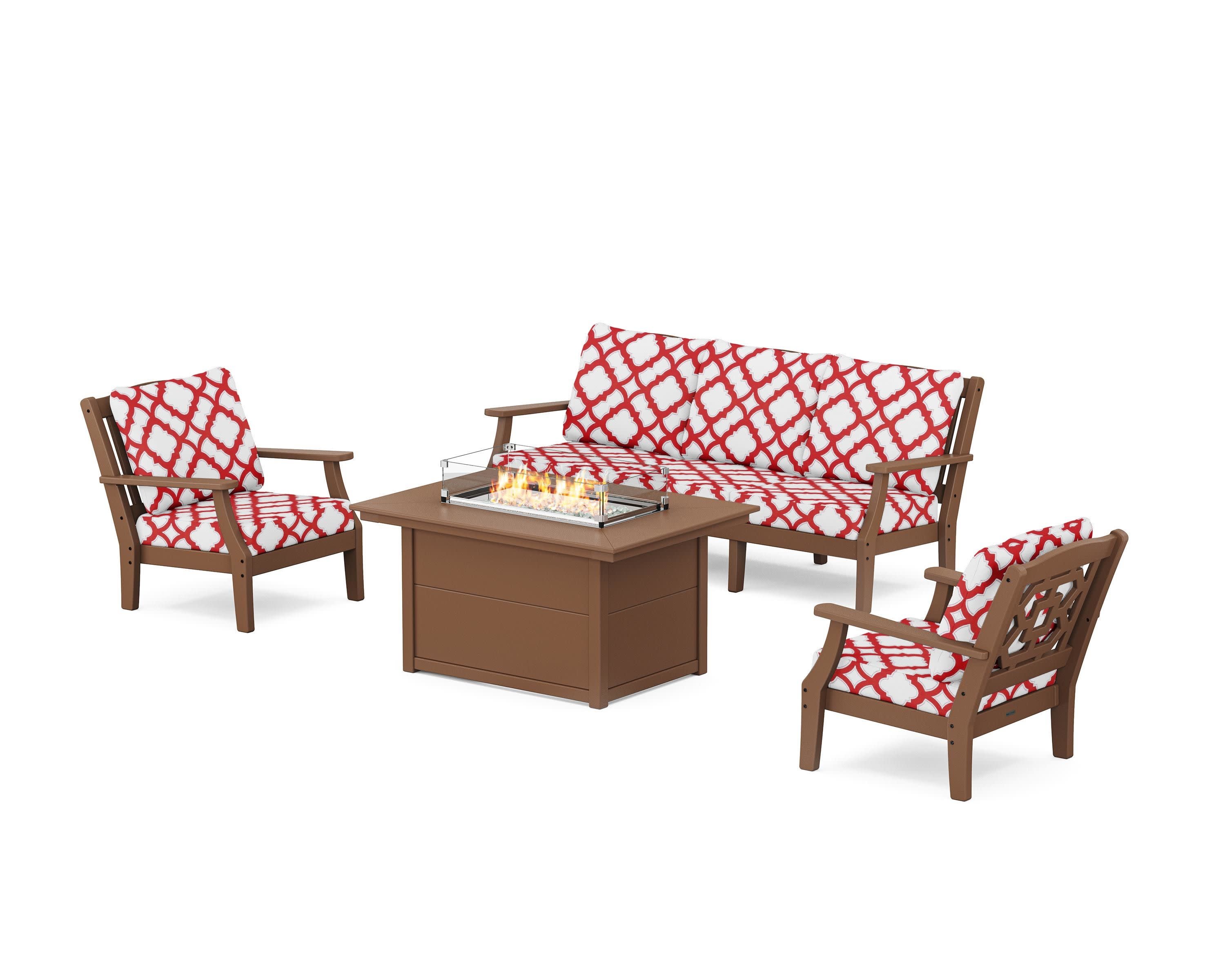 Chinoiserie Deep Seating Fire Pit Table Set in Teak / Trellis Crimson