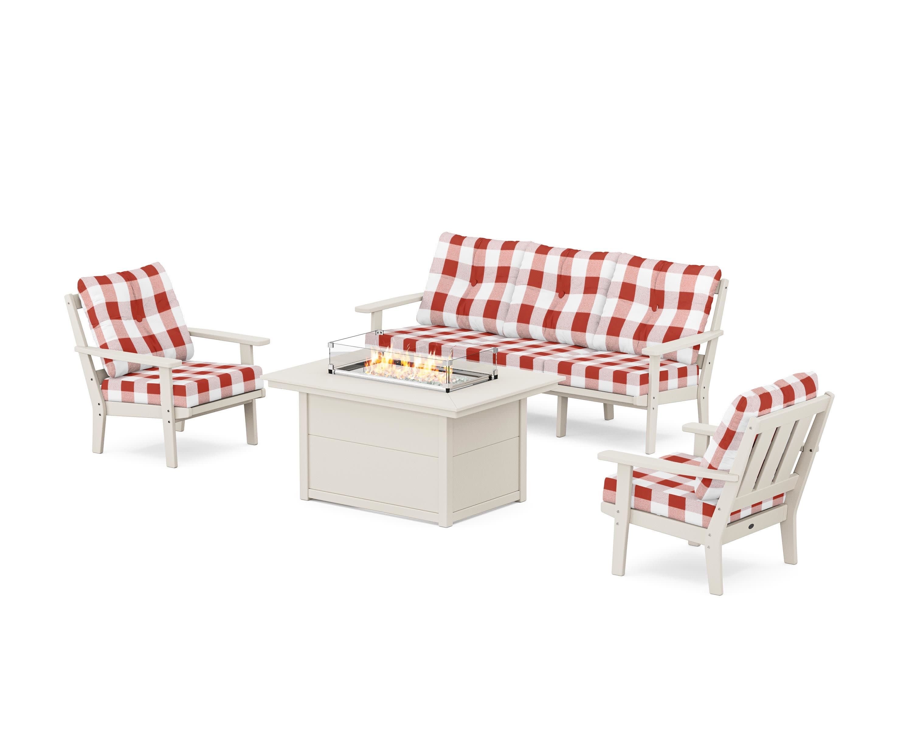 Oxford Deep Seating Fire Pit Table Set in Sand / Buffalo Plaid Crimson