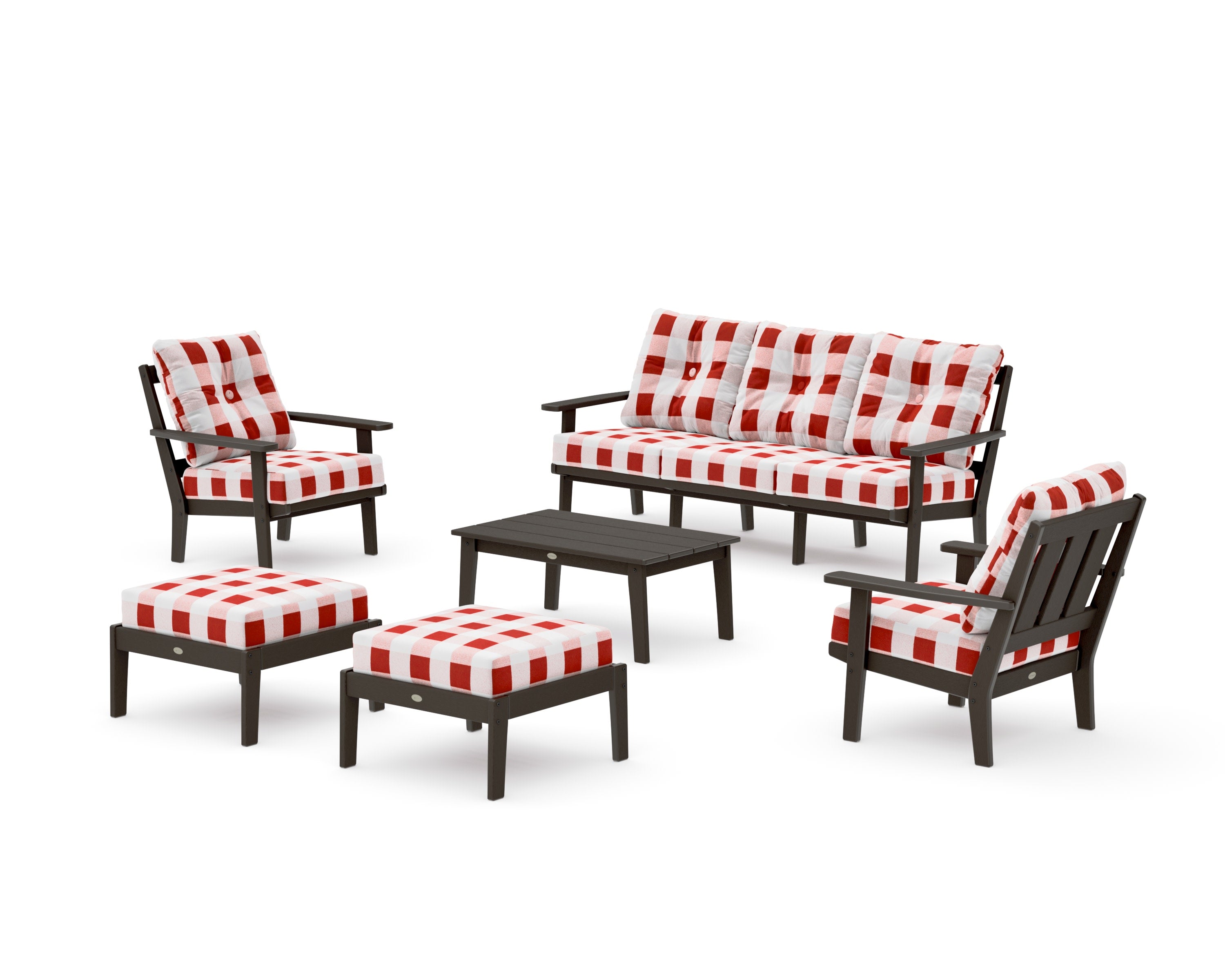 Oxford 6-Piece Lounge Sofa Set in Vintage Coffee / Buffalo Plaid Crimson