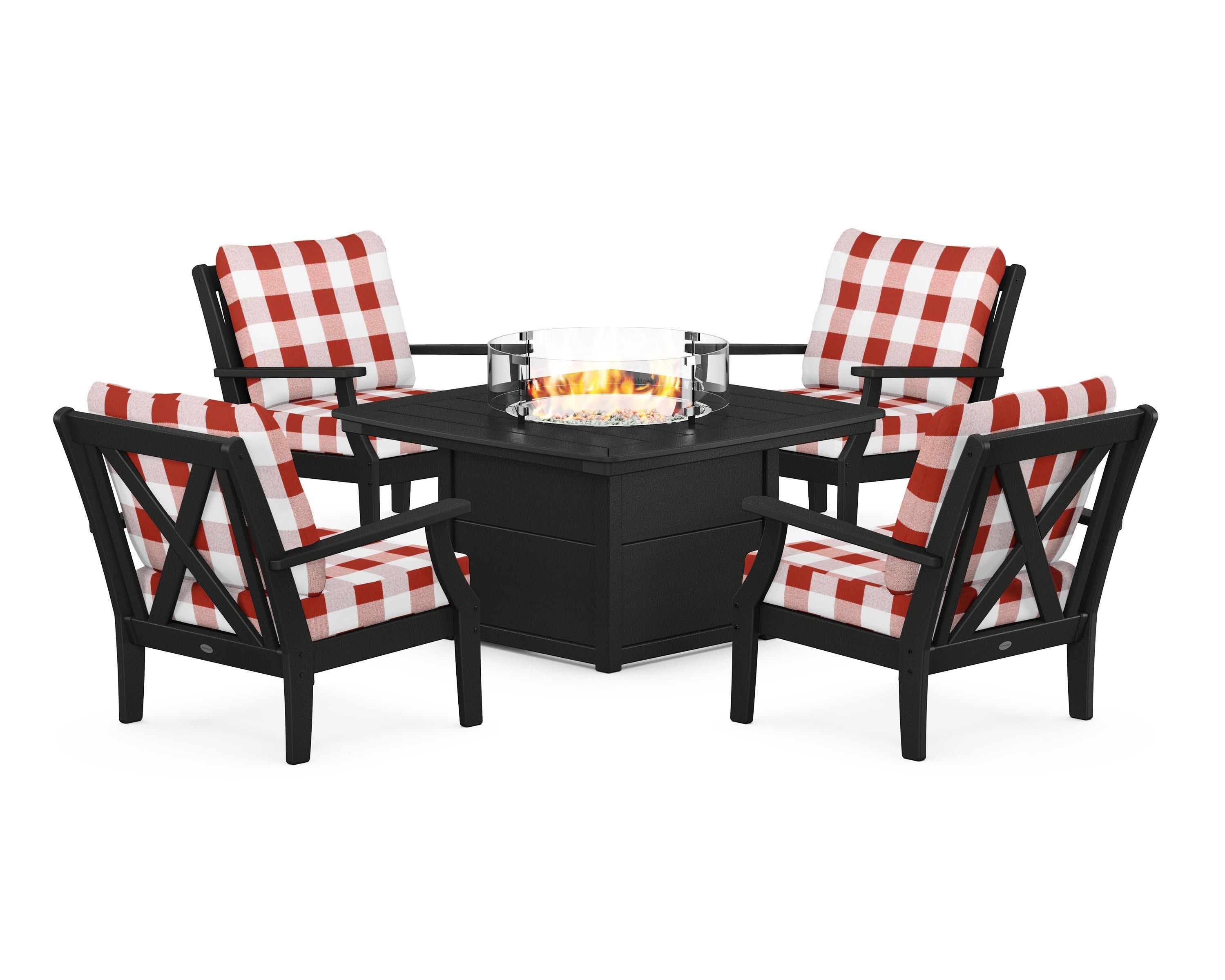 Braxton 5-Piece Deep Seating Conversation Set with Fire Pit Table in Black / Buffalo Plaid Crimson