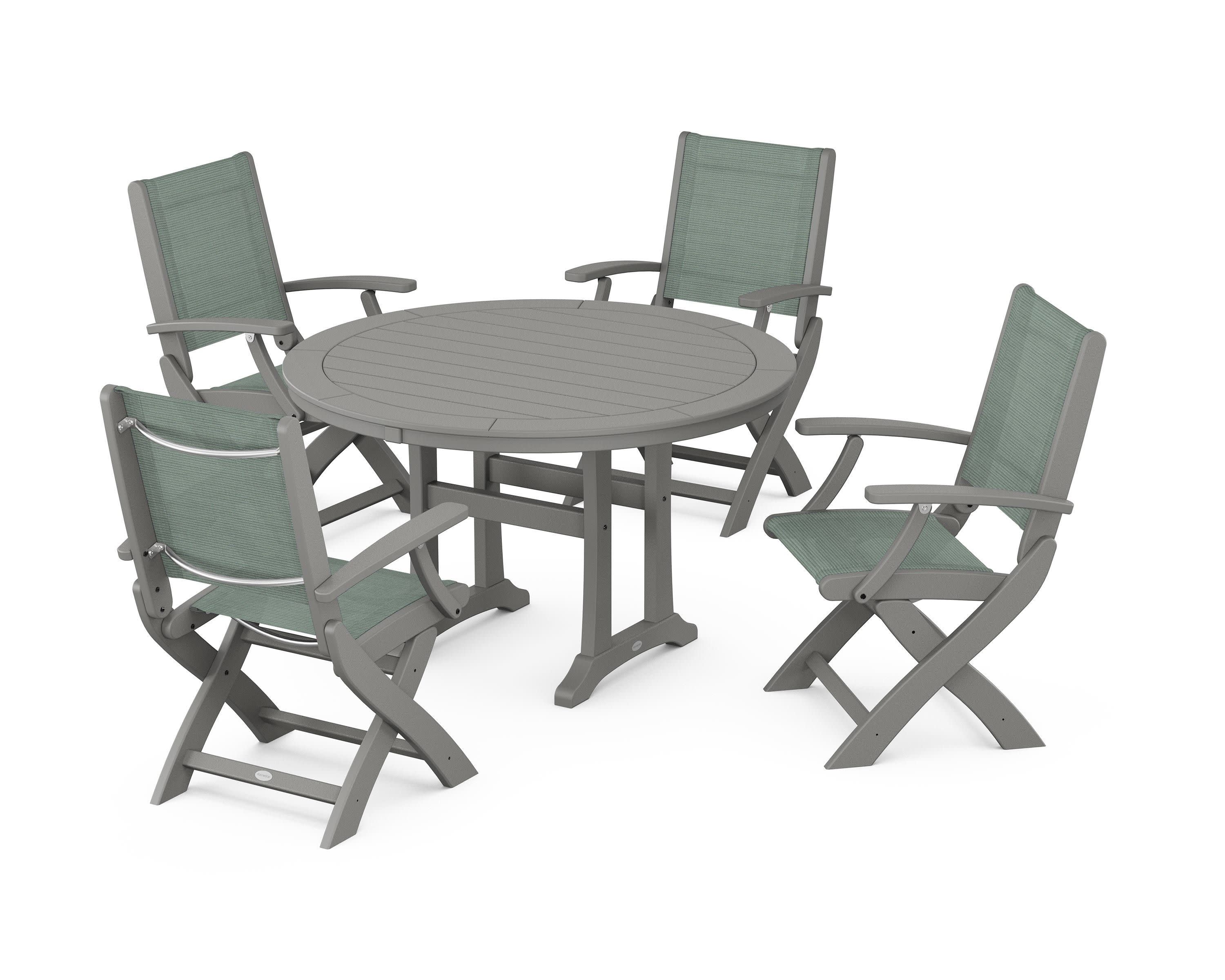 Coastal Folding Chair 5-Piece Round Dining Set with Trestle Legs in Slate Grey / Dupioni Sea Mist Sling