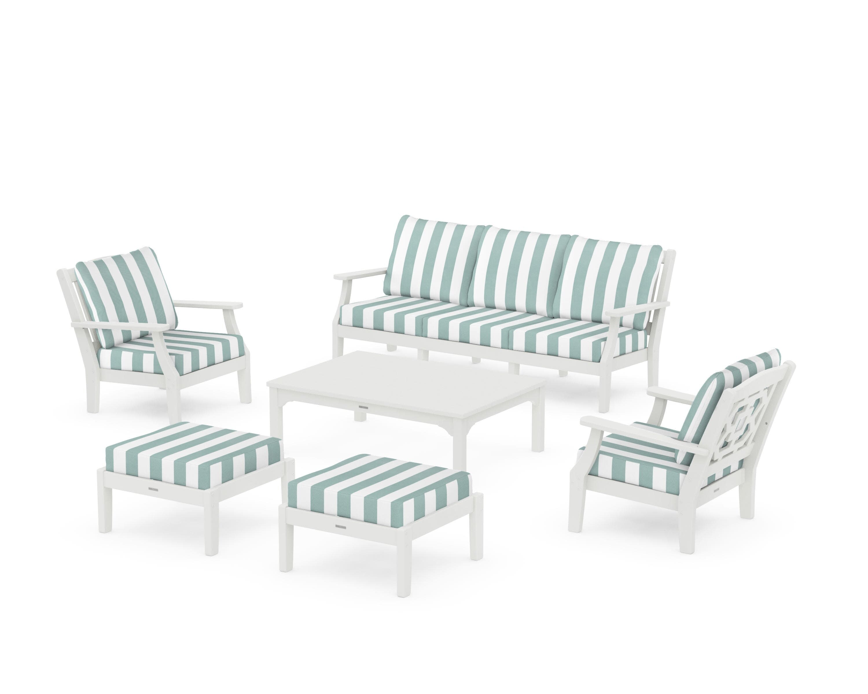 Chinoiserie 6-Piece Lounge Sofa Set in Vintage White / Cabana Stripe Glacier Spa