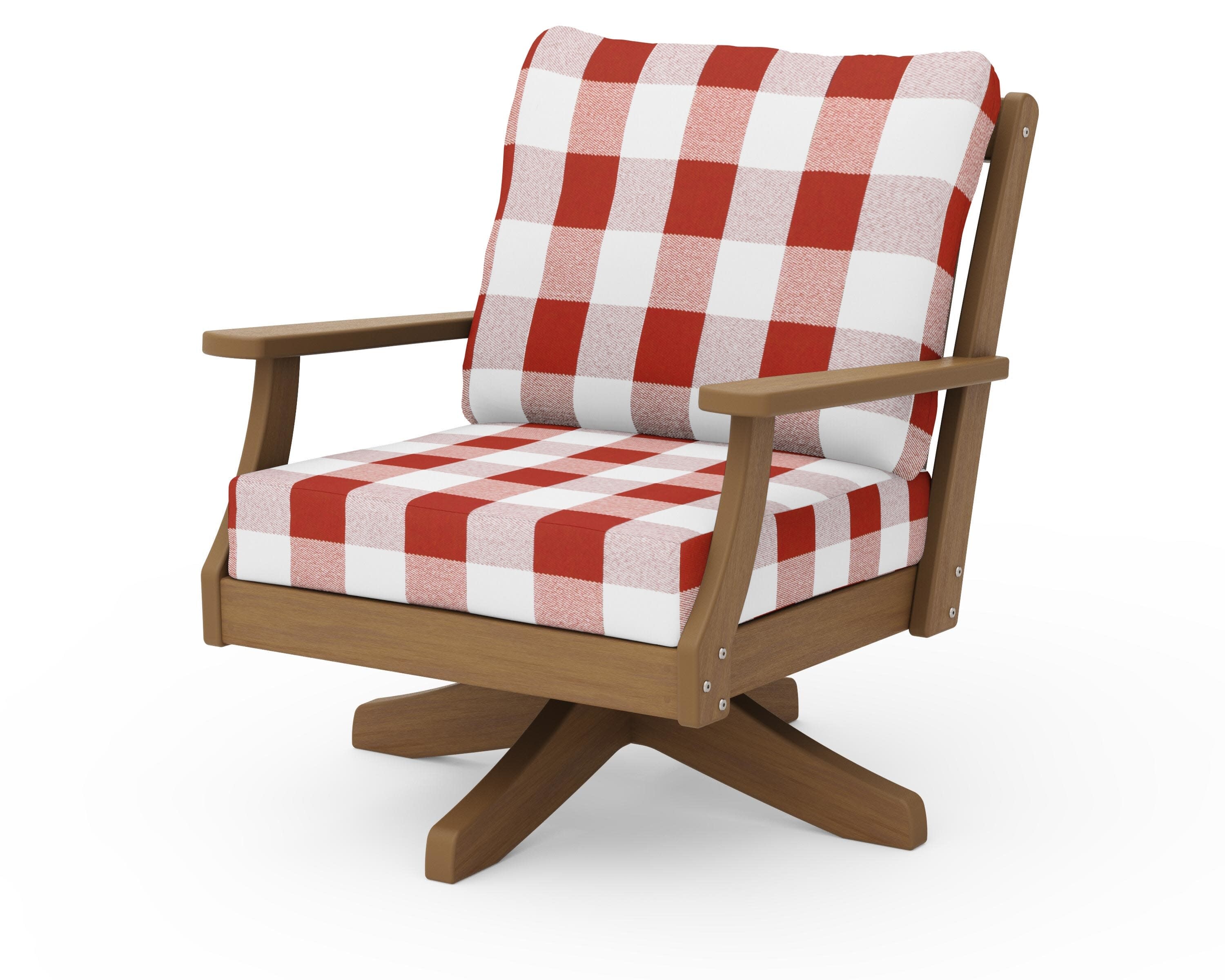 Braxton Deep Seating Swivel Chair in Natural / Buffalo Plaid Crimson