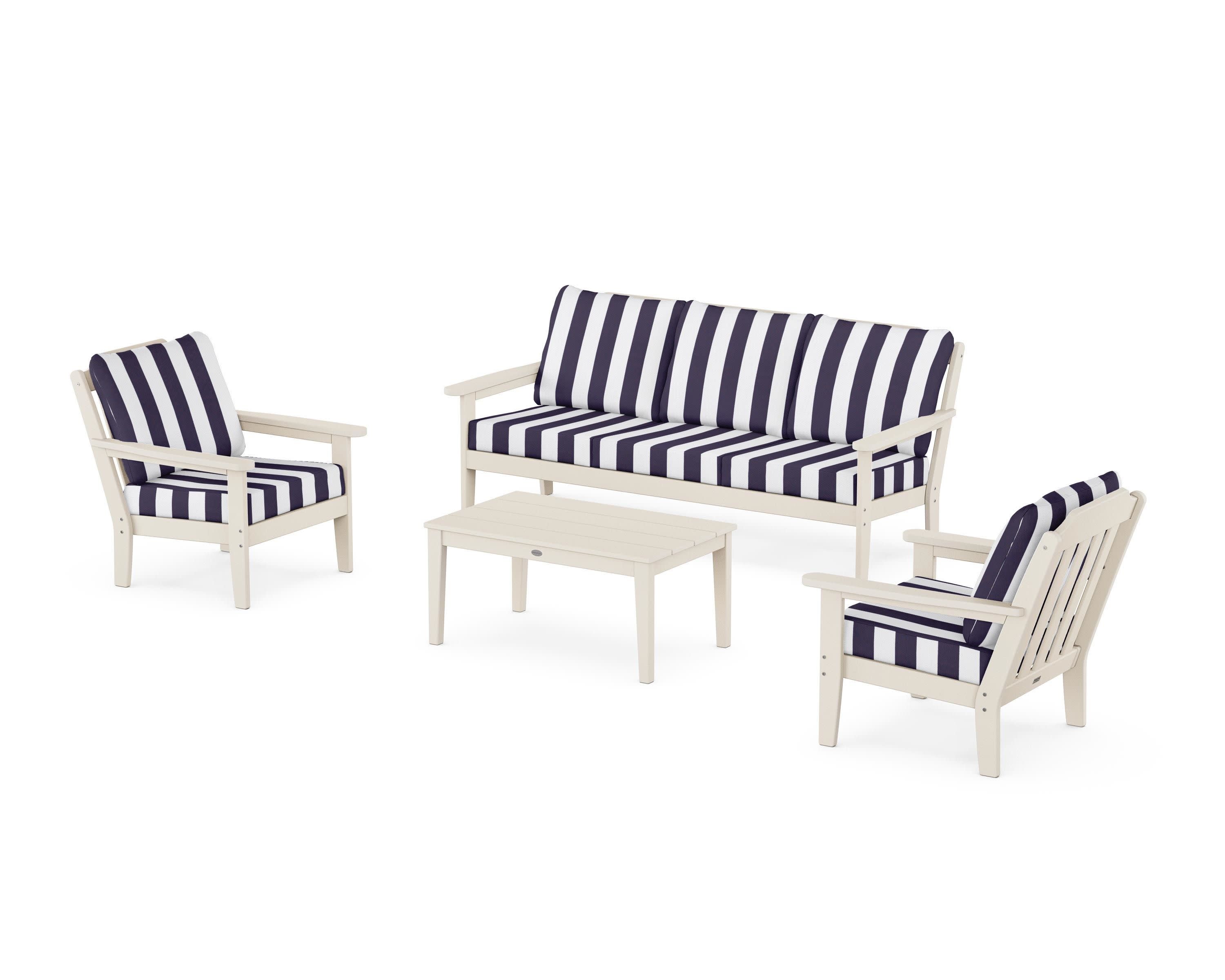 Cottage 4-Piece Deep Seating Set with Sofa in Sand / Cabana Stripe Navy