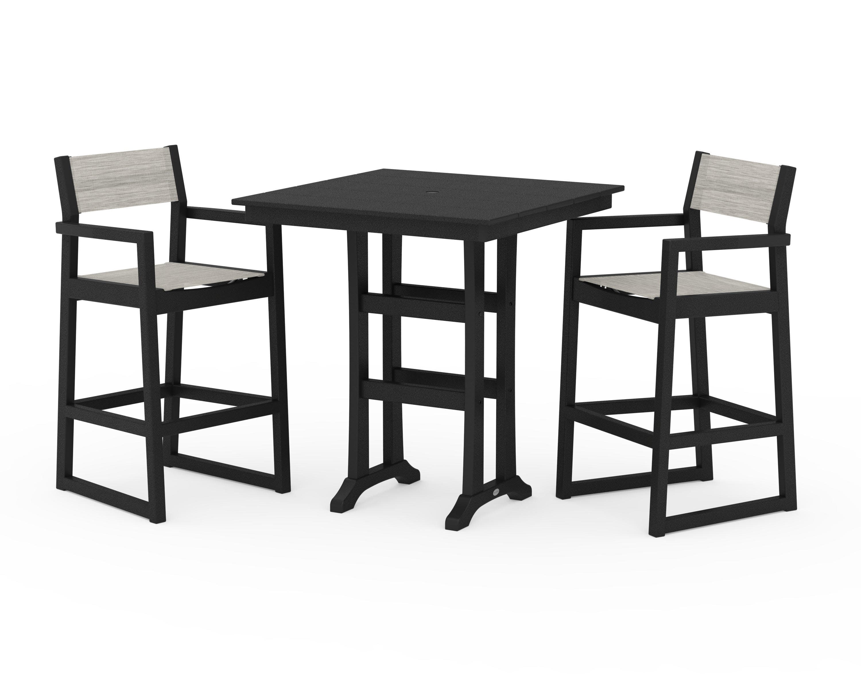 EDGE Sling Arm Chair 3-Piece Farmhouse Bar Set with Trestle Legs in Black / Birch Sling