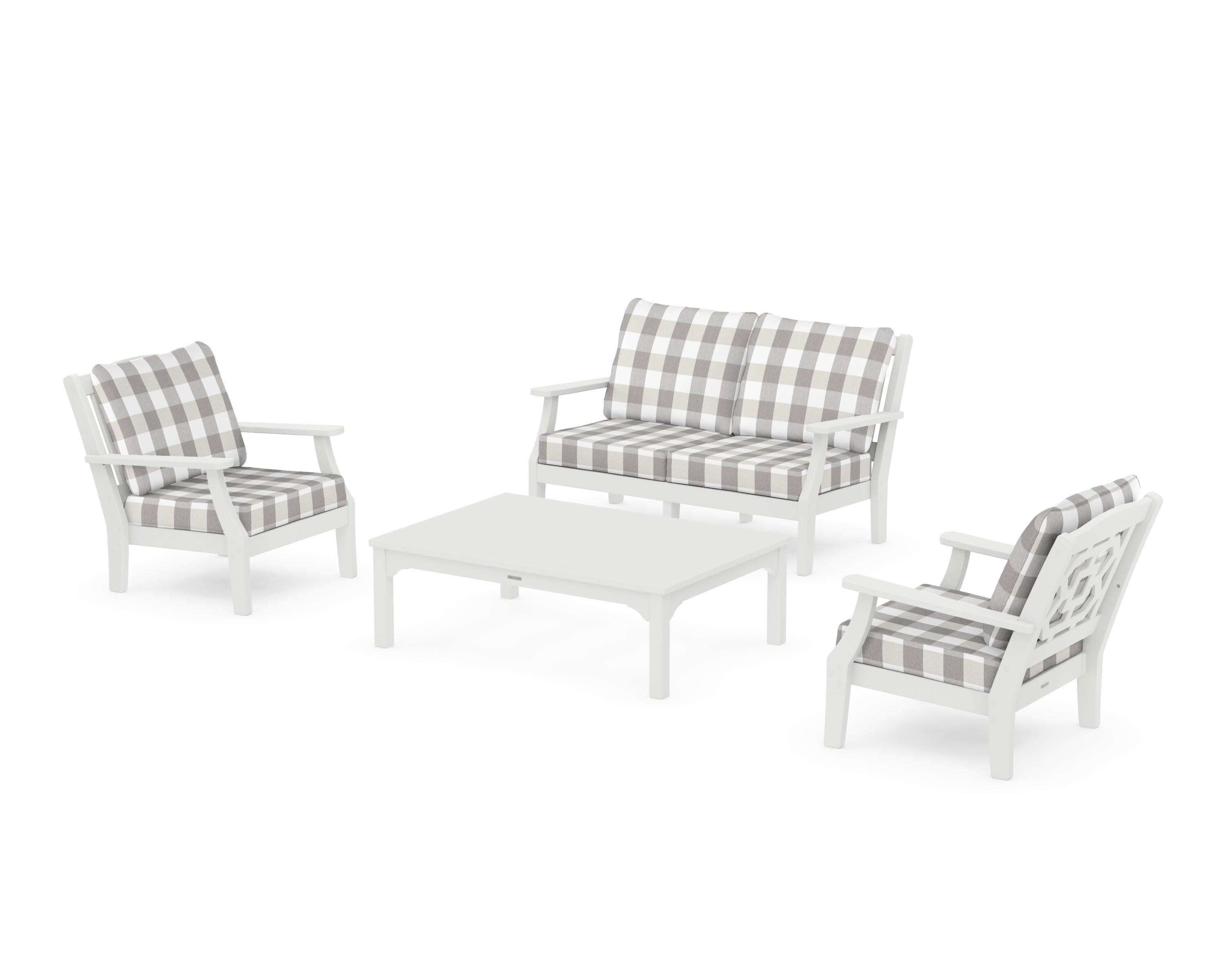 Chinoiserie 4-Piece Deep Seating Set with Loveseat in Vintage White / Buffalo Plaid Grey Mist