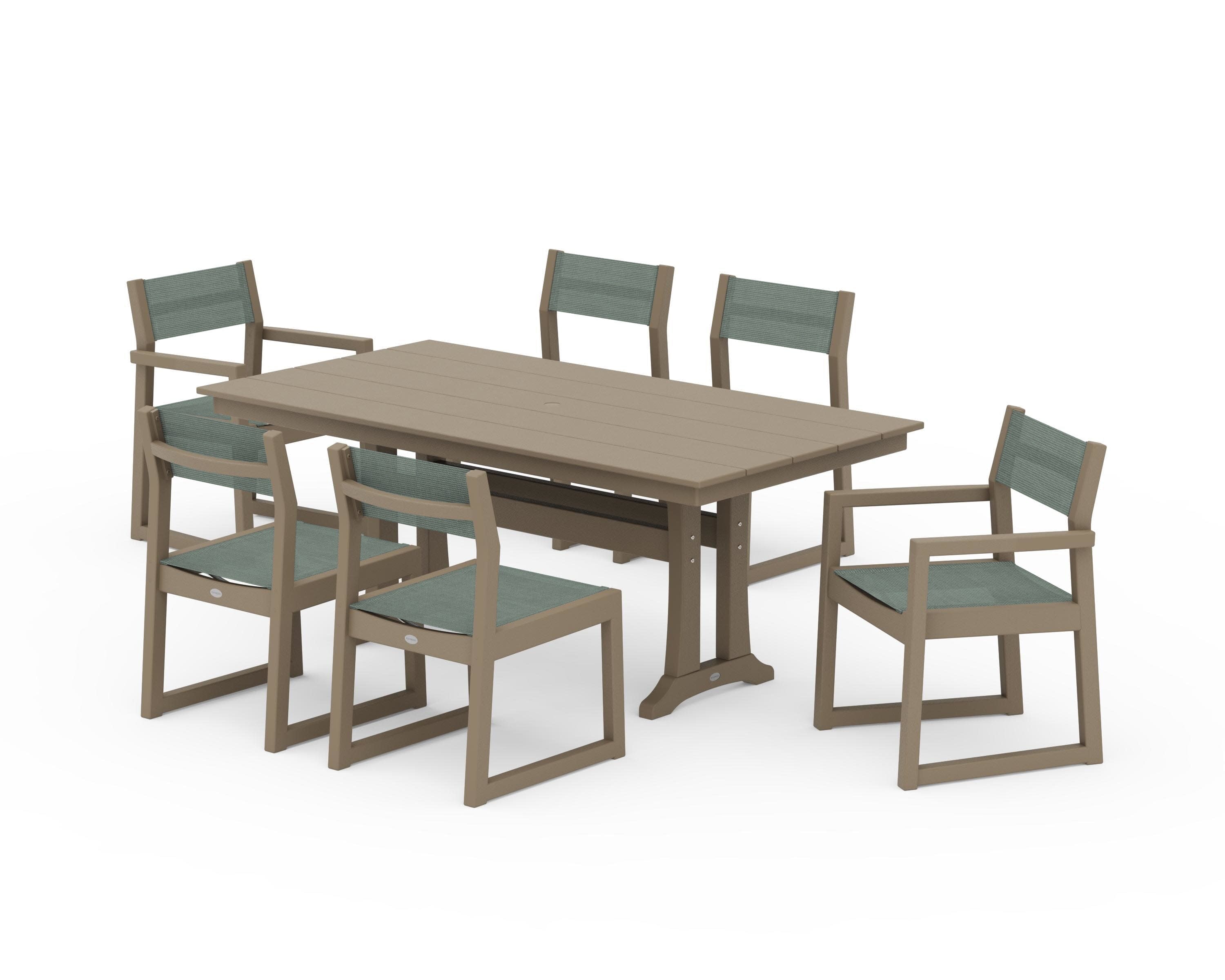 EDGE Sling 7-Piece Farmhouse Trestle Dining Set in Vintage Sahara / Dupioni Sea Mist Sling