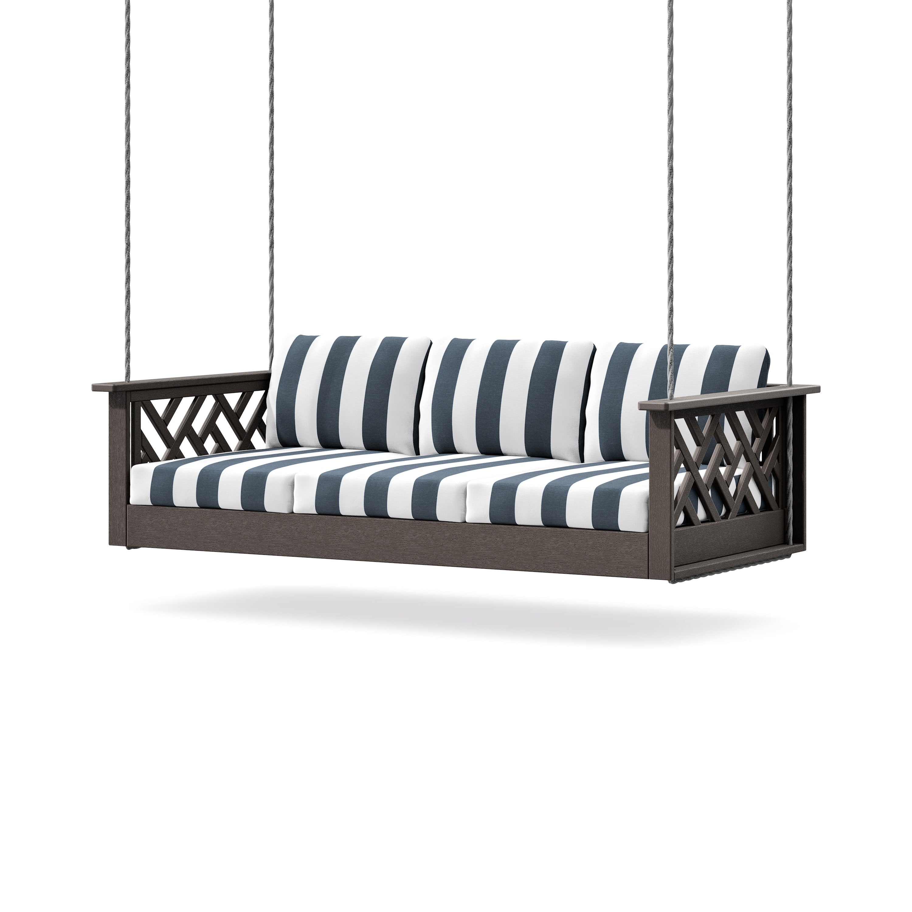 Chippendale Daybed Swing in Vintage Coffee / Cabana Stripe Marine Indigo