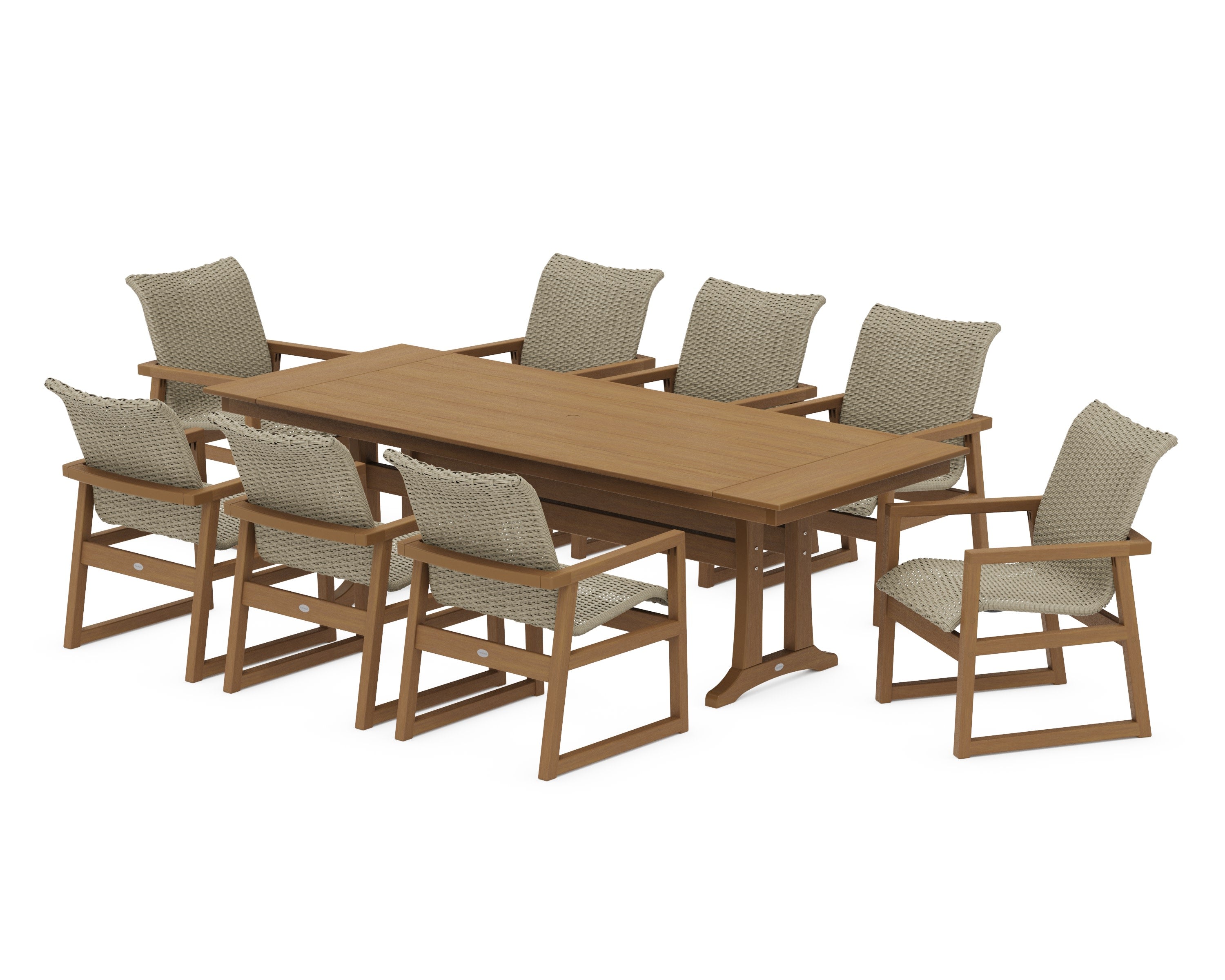 EDGE Woven 9-Piece Farmhouse Dining Set with Trestle Legs in Natural / Dune Grass