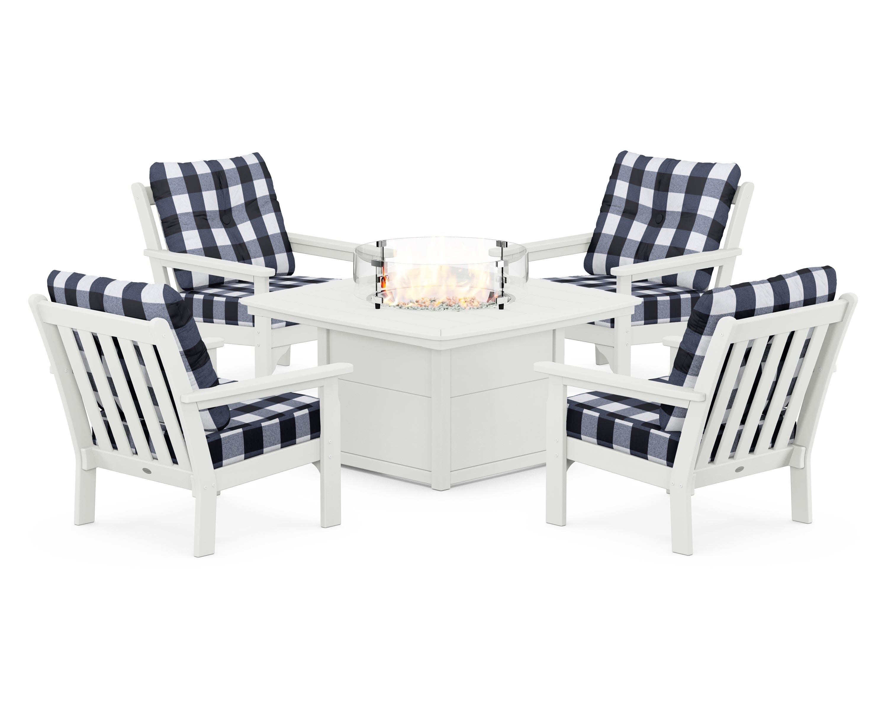Vineyard 5-Piece Conversation Set with Fire Pit Table in Vintage White / Buffalo Plaid Marine Indigo