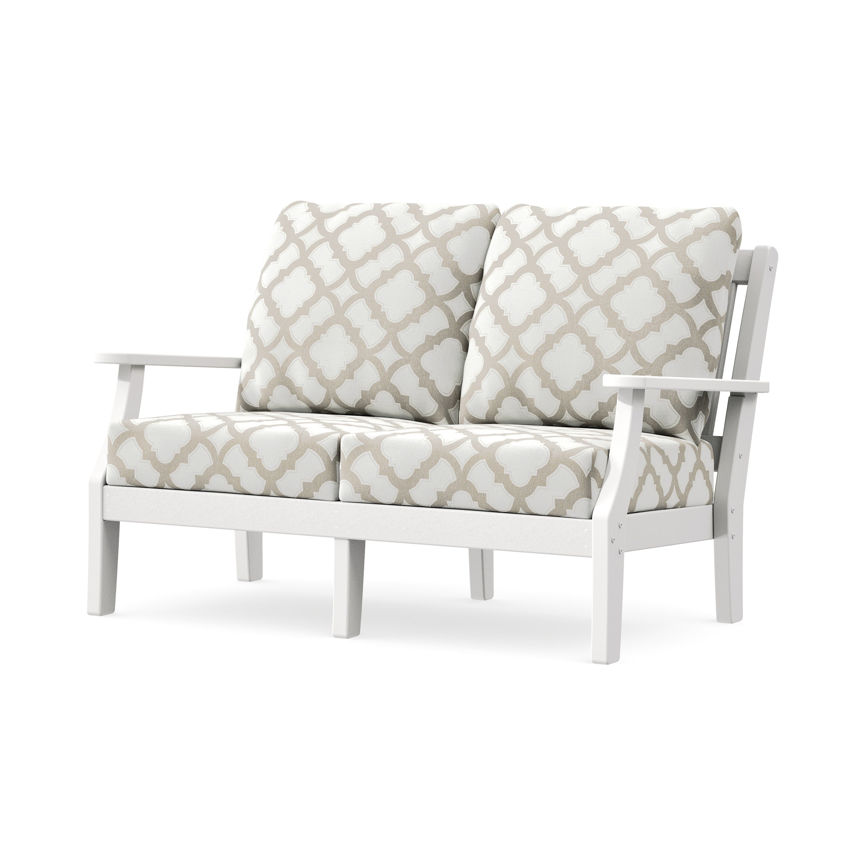 Chinoiserie Deep Seating Loveseat in White / Trellis Dune Burlap