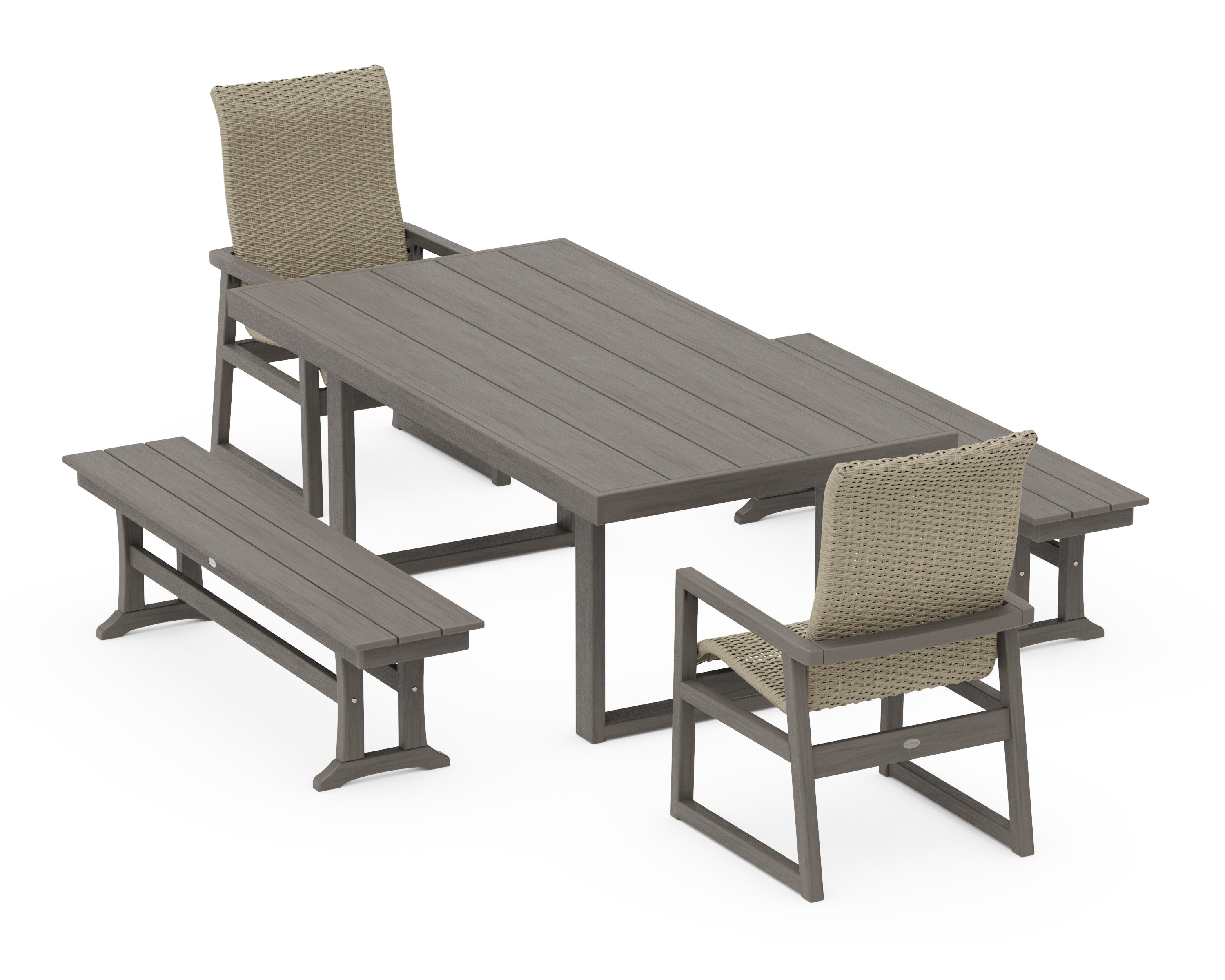 EDGE Woven Highback 5-Piece Dining Set with Benches in Driftwood / Dune Grass