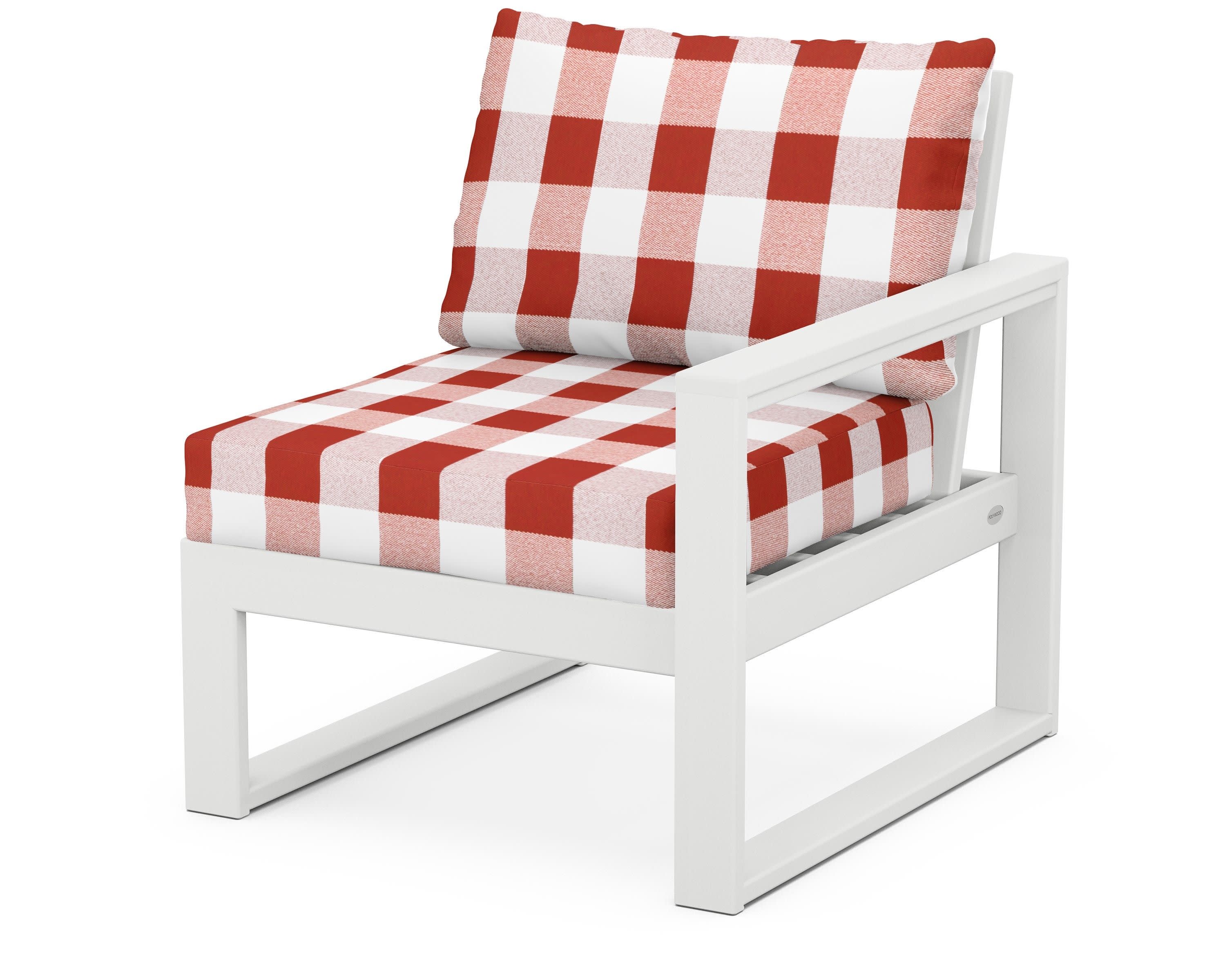 EDGE Modular Right Arm Chair in White / Buffalo Plaid Crimson