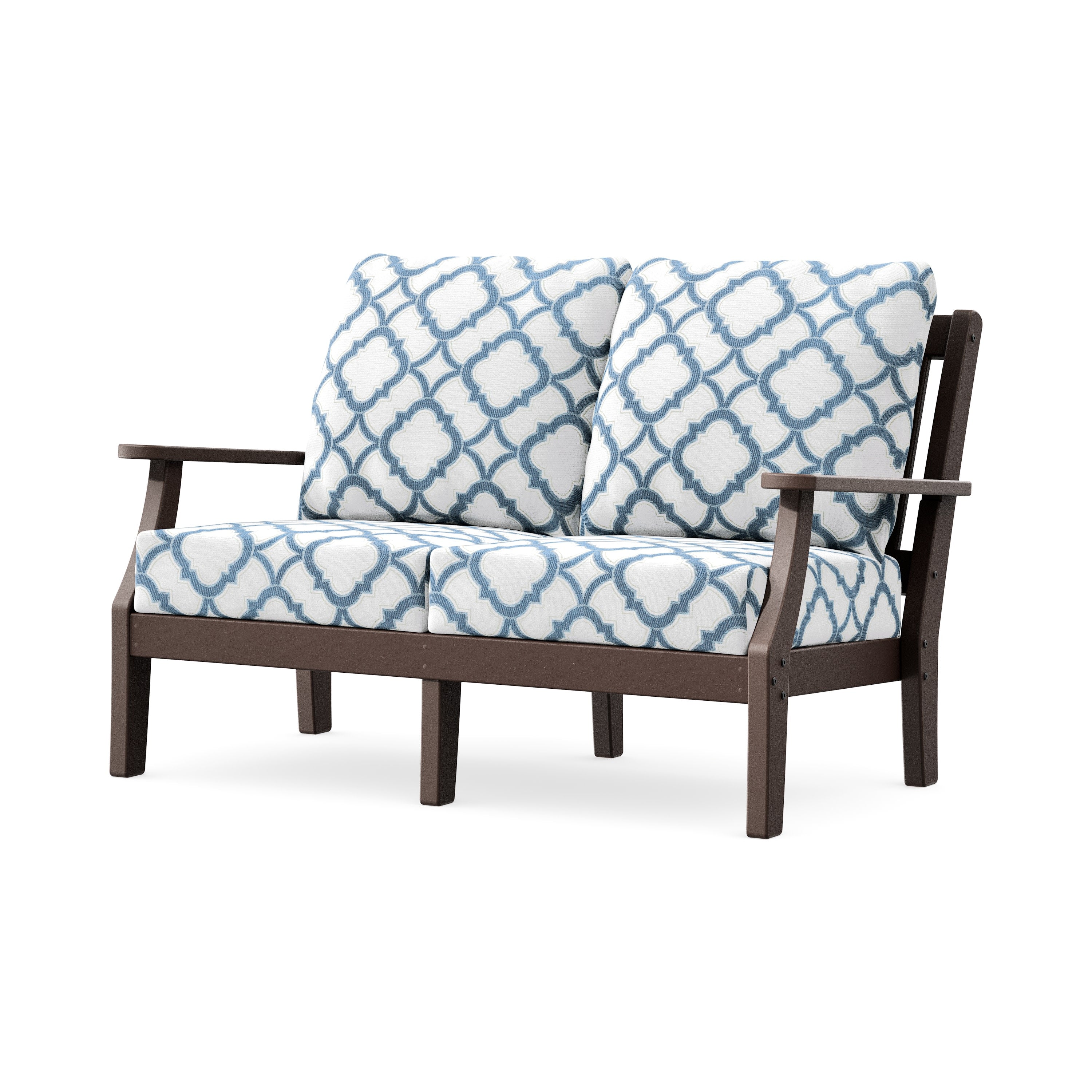 Chinoiserie Deep Seating Loveseat in Mahogany / Trellis Sky Blue