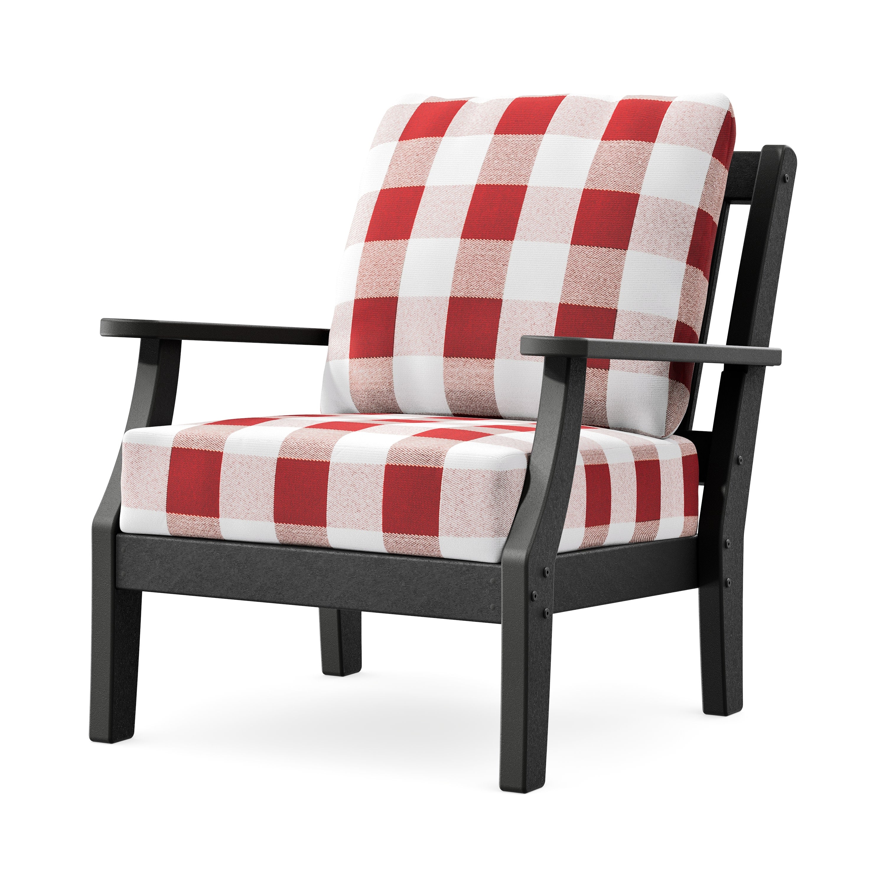 Chinoiserie Deep Seating Chair in Black / Buffalo Plaid Crimson