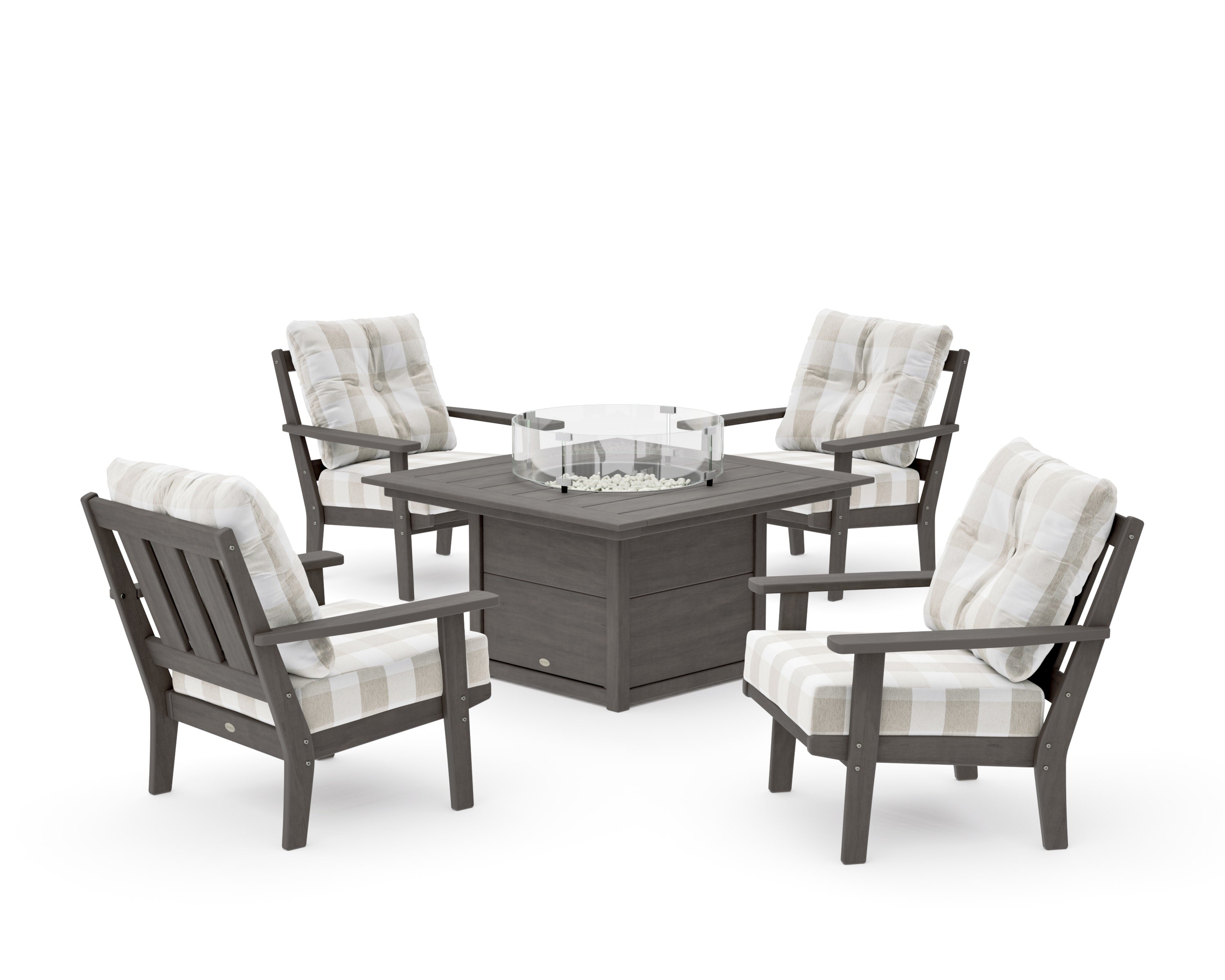 Oxford 5-Piece Deep Seating Set with Fire Pit Table in Driftwood / Buffalo Plaid Dune Burlap