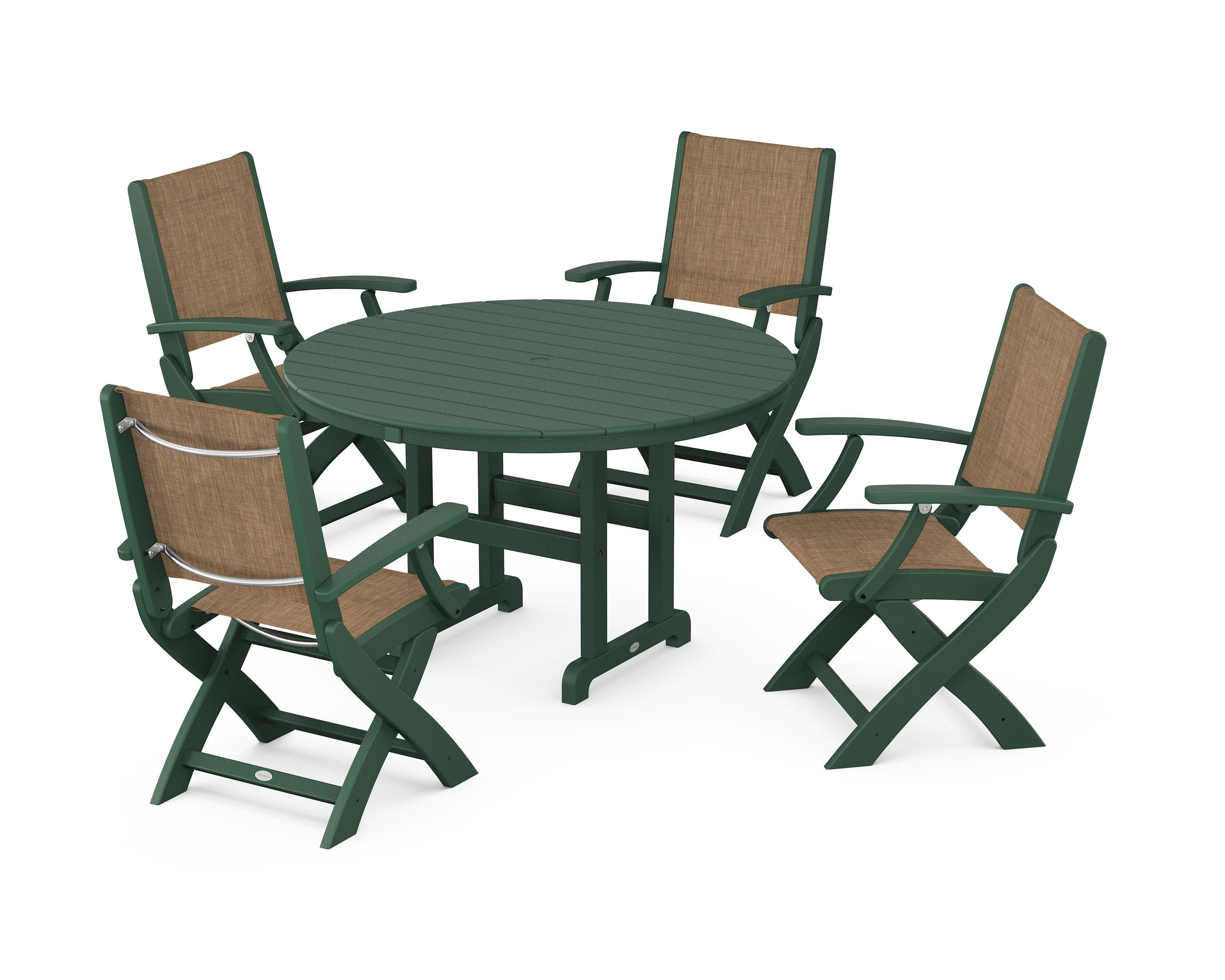 Coastal Folding Chair 5-Piece Round Dining Set in Green / Burlap Sling