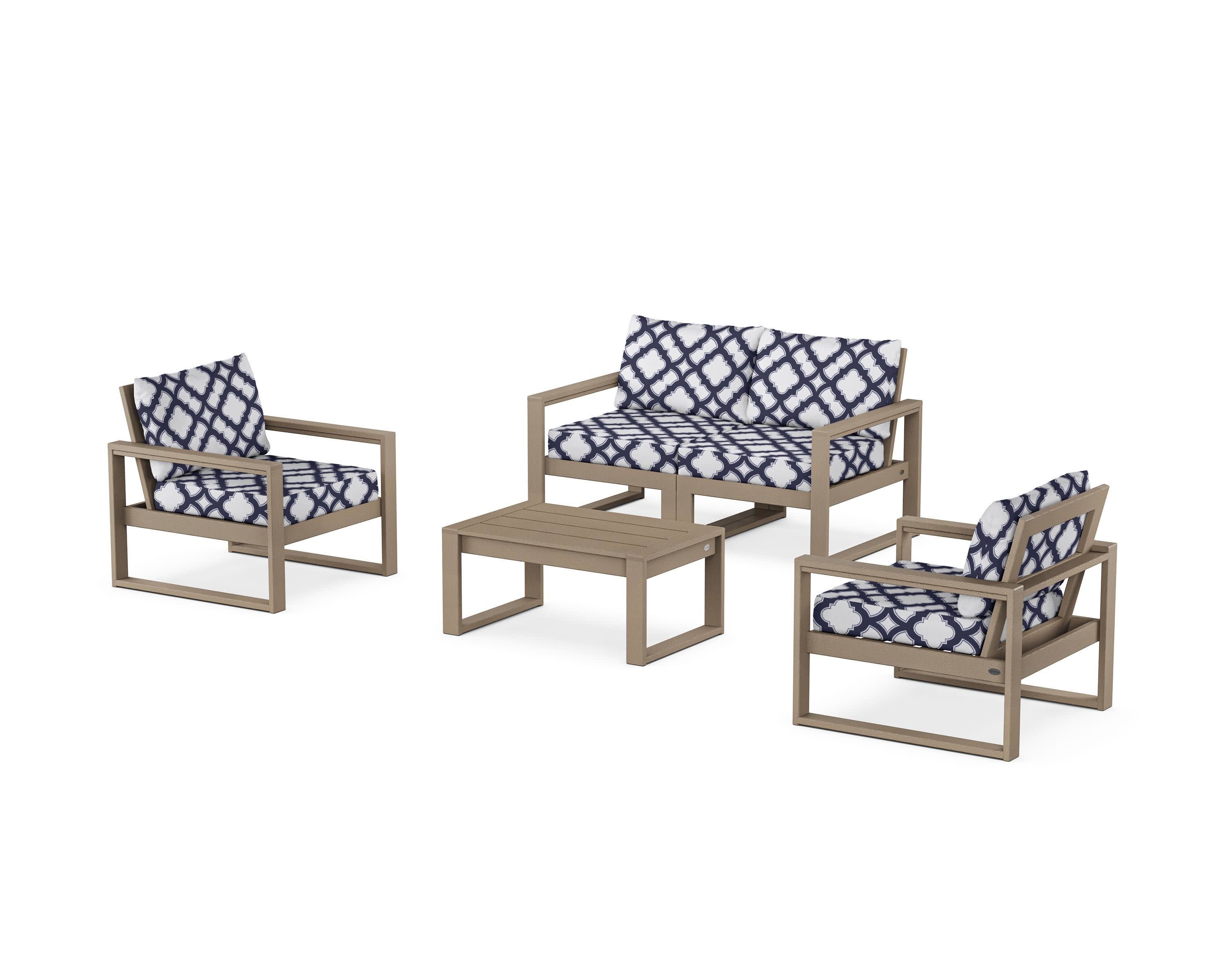 EDGE Sectional 4-Piece Deep Seating Set with Loveseat in Vintage Sahara / Trellis Navy