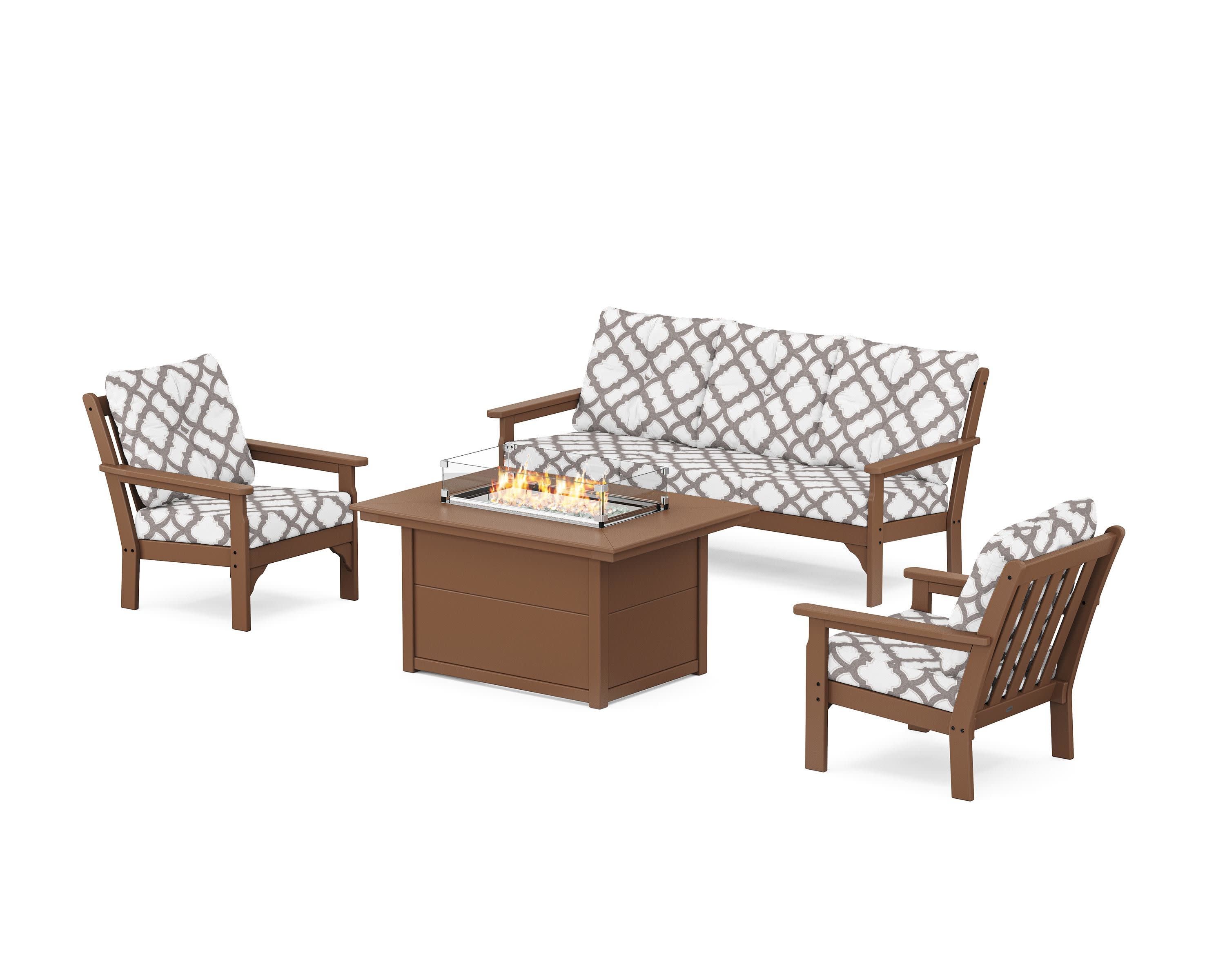 Vineyard Deep Seating Fire Pit Table Set in Teak / Trellis Grey Mist
