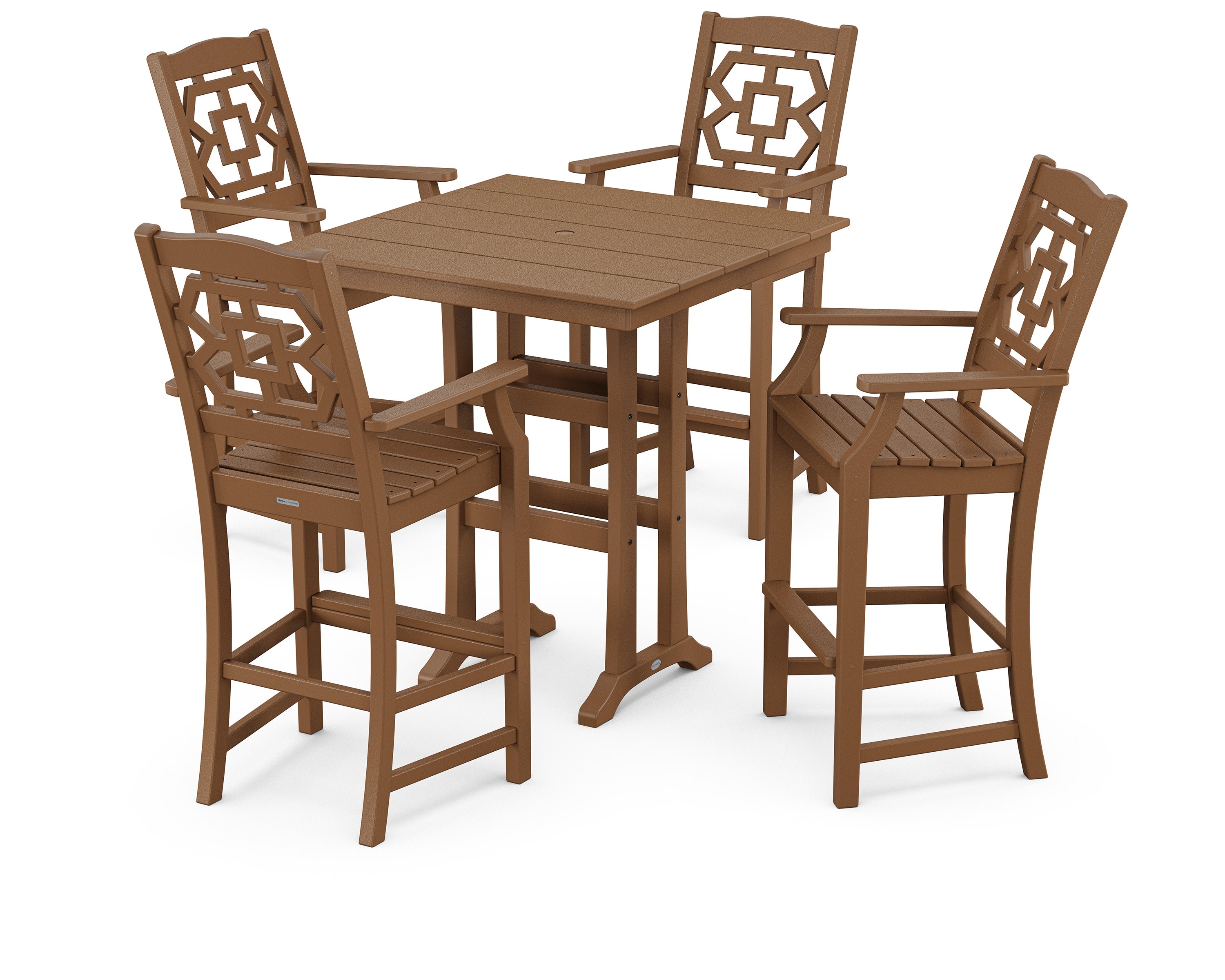 Chinoiserie 5-Piece Farmhouse Bar Set with Trestle Legs in Teak