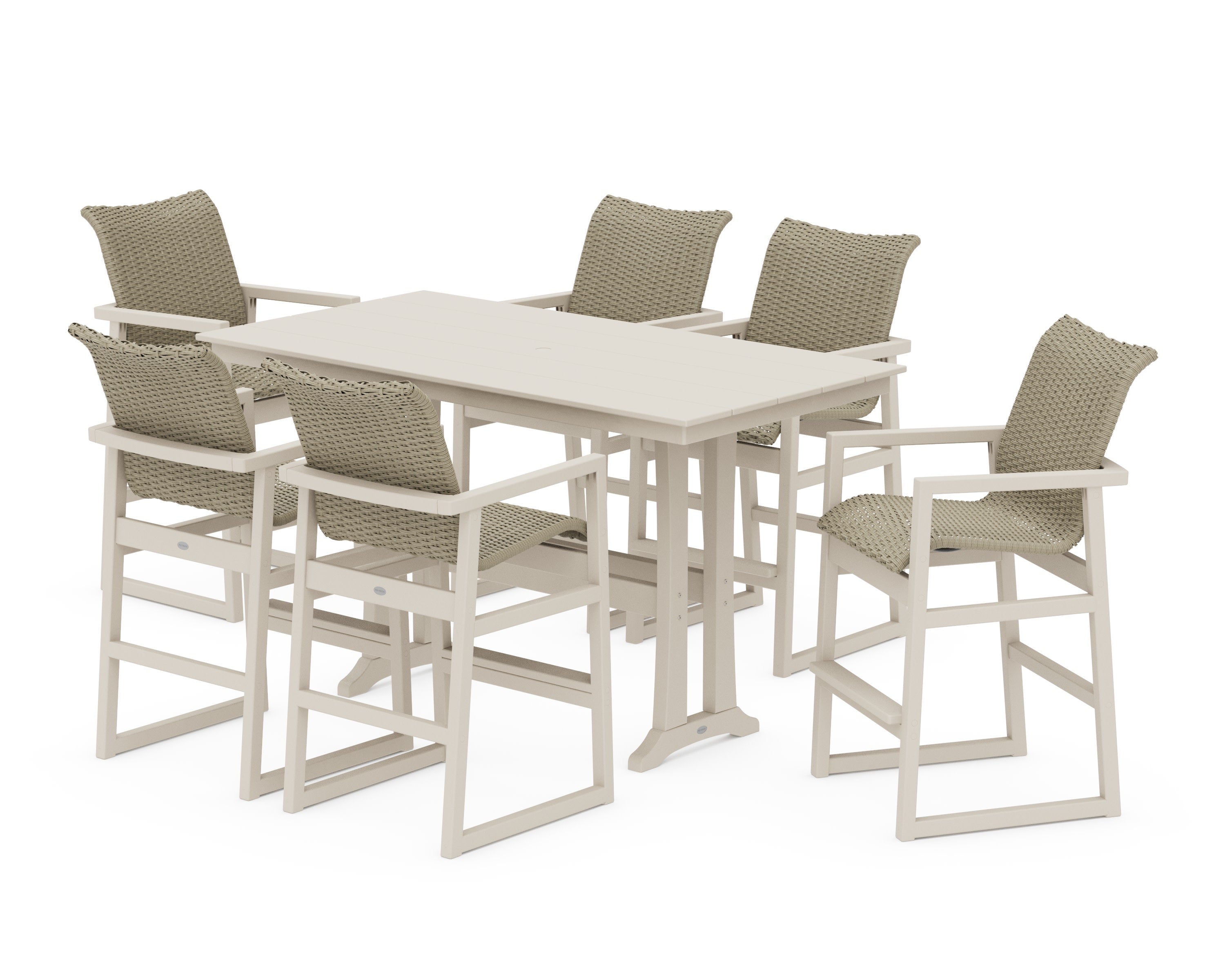 EDGE Woven Arm Chair 7-Piece Farmhouse Bar Set with Trestle Legs in Sand / Dune Grass