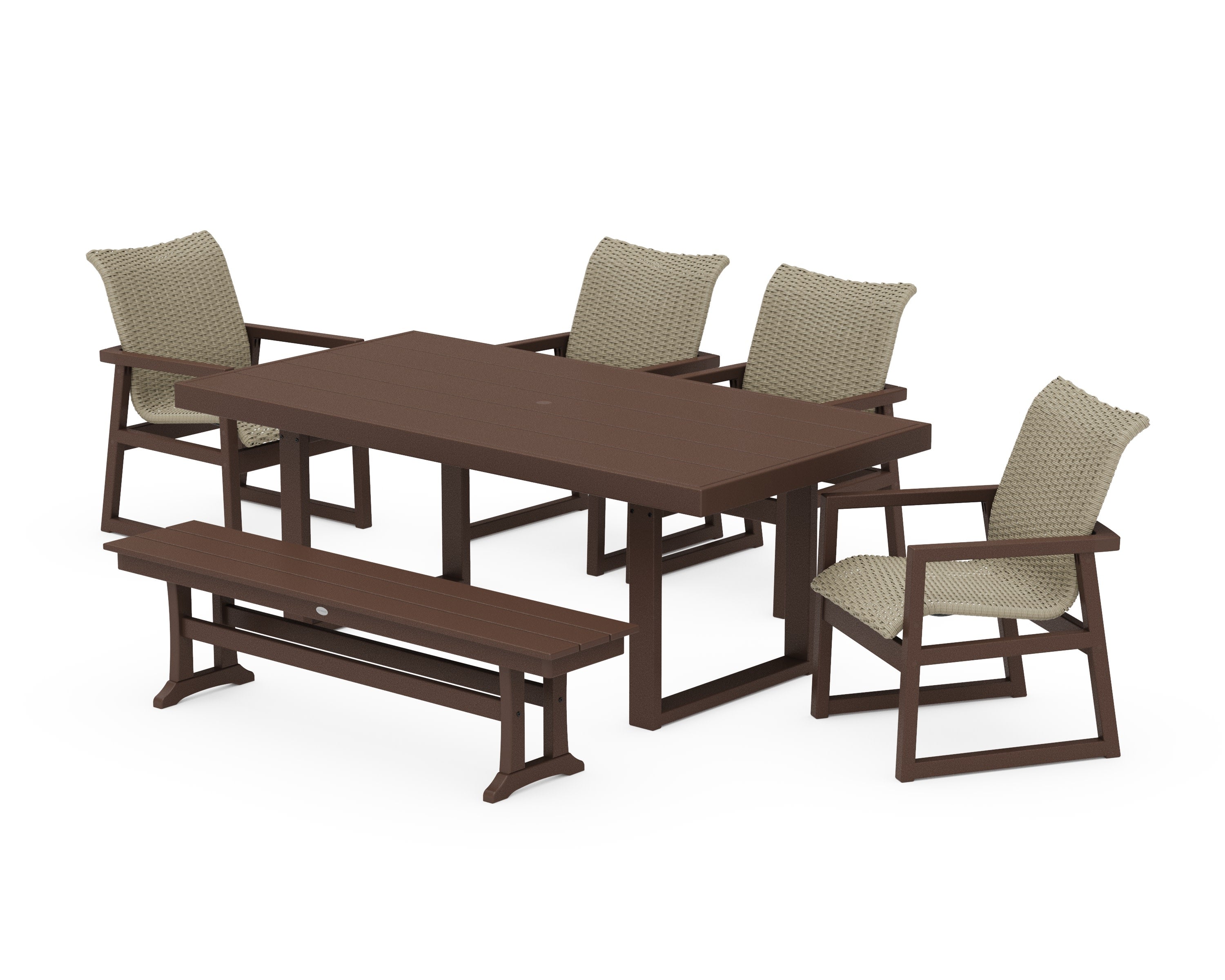 EDGE Woven 6-Piece Dining Set with Bench in Mahogany / Dune Grass