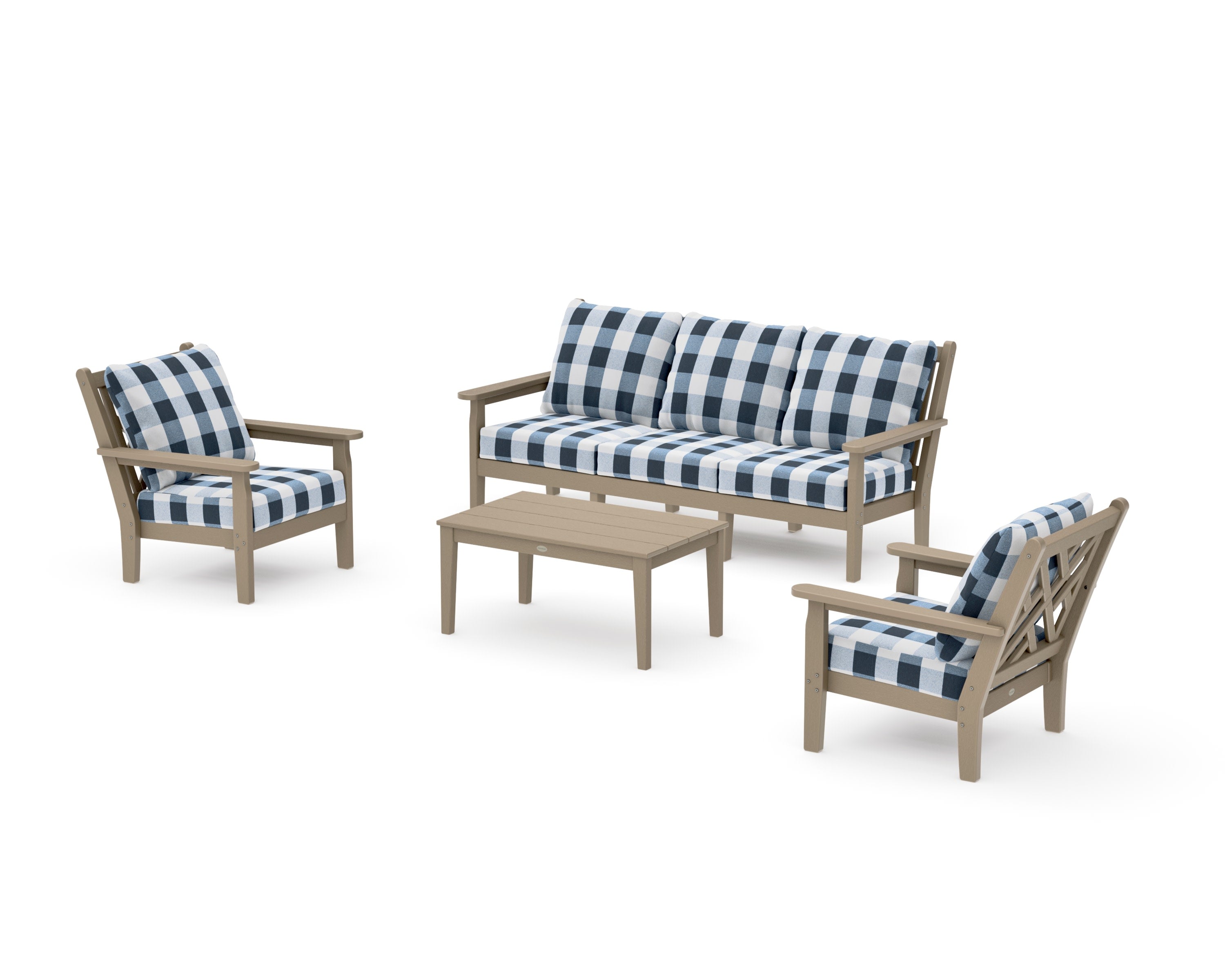 Chippendale 4-Piece Deep Seating Set with Sofa in Vintage Sahara / Buffalo Plaid Marine Indigo