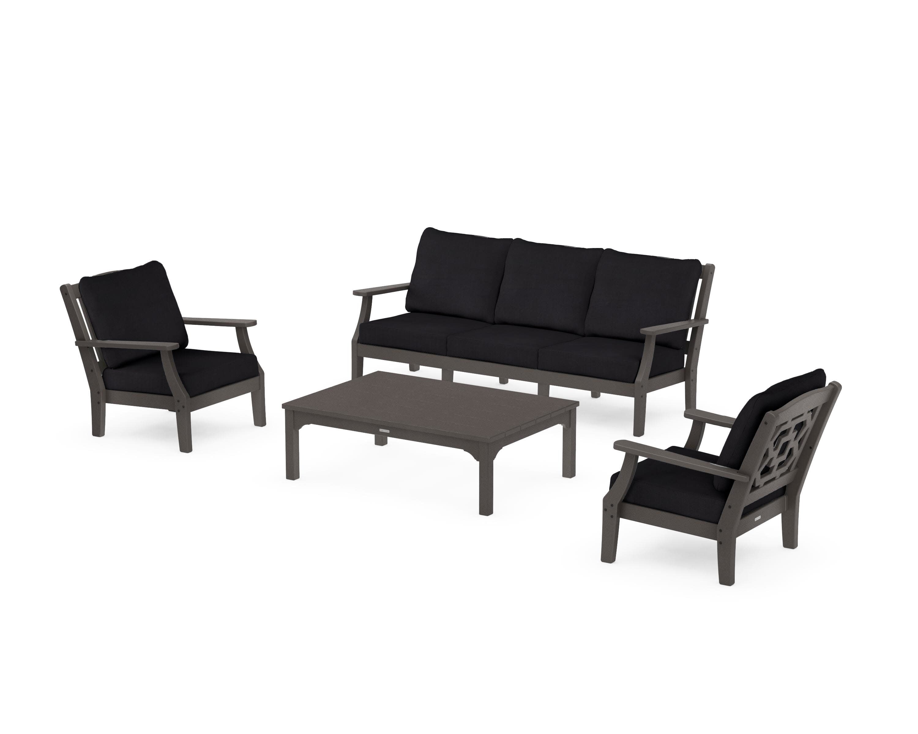 Chinoiserie 4-Piece Deep Seating Set with Sofa in Vintage Coffee / Midnight Linen