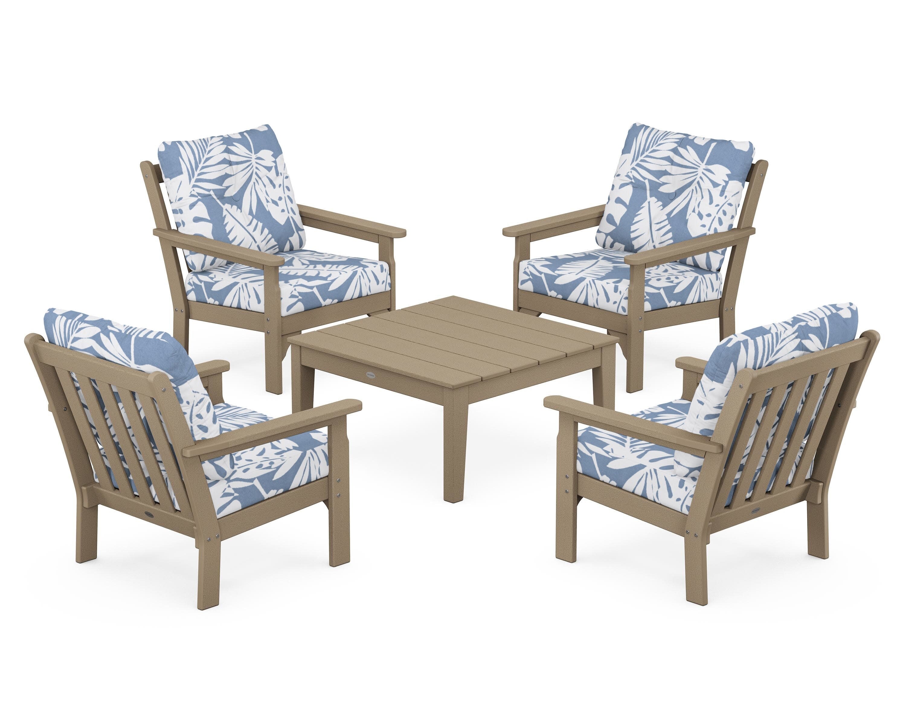 Vineyard 5-Piece Deep Seating Conversation Set in Vintage Sahara / Leaf Sky Blue