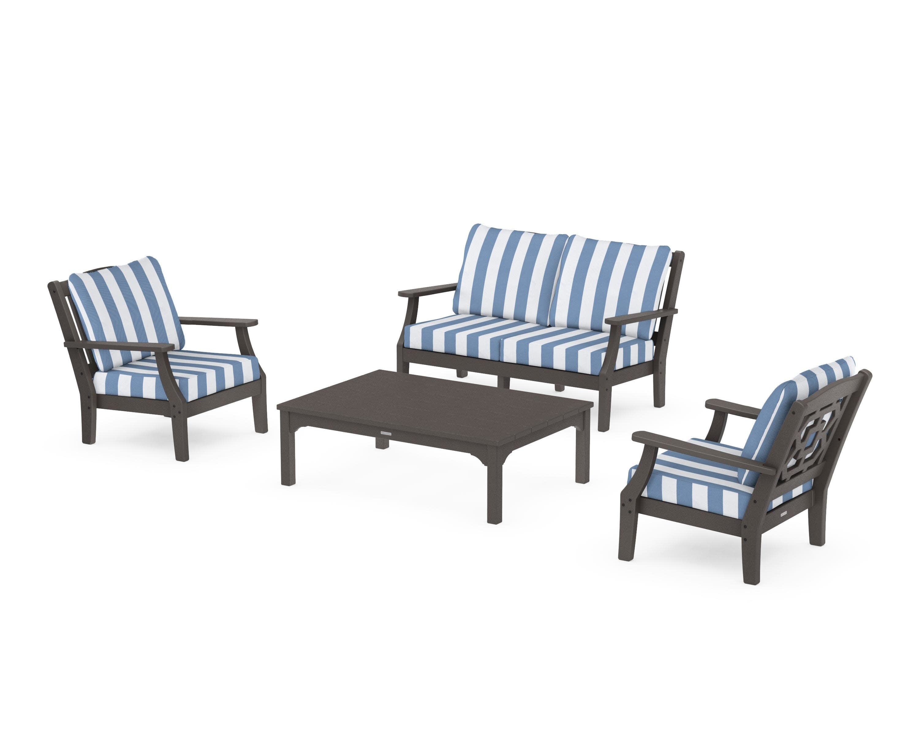 Chinoiserie 4-Piece Deep Seating Set with Loveseat in Vintage Coffee / Cabana Stripe Sky Blue