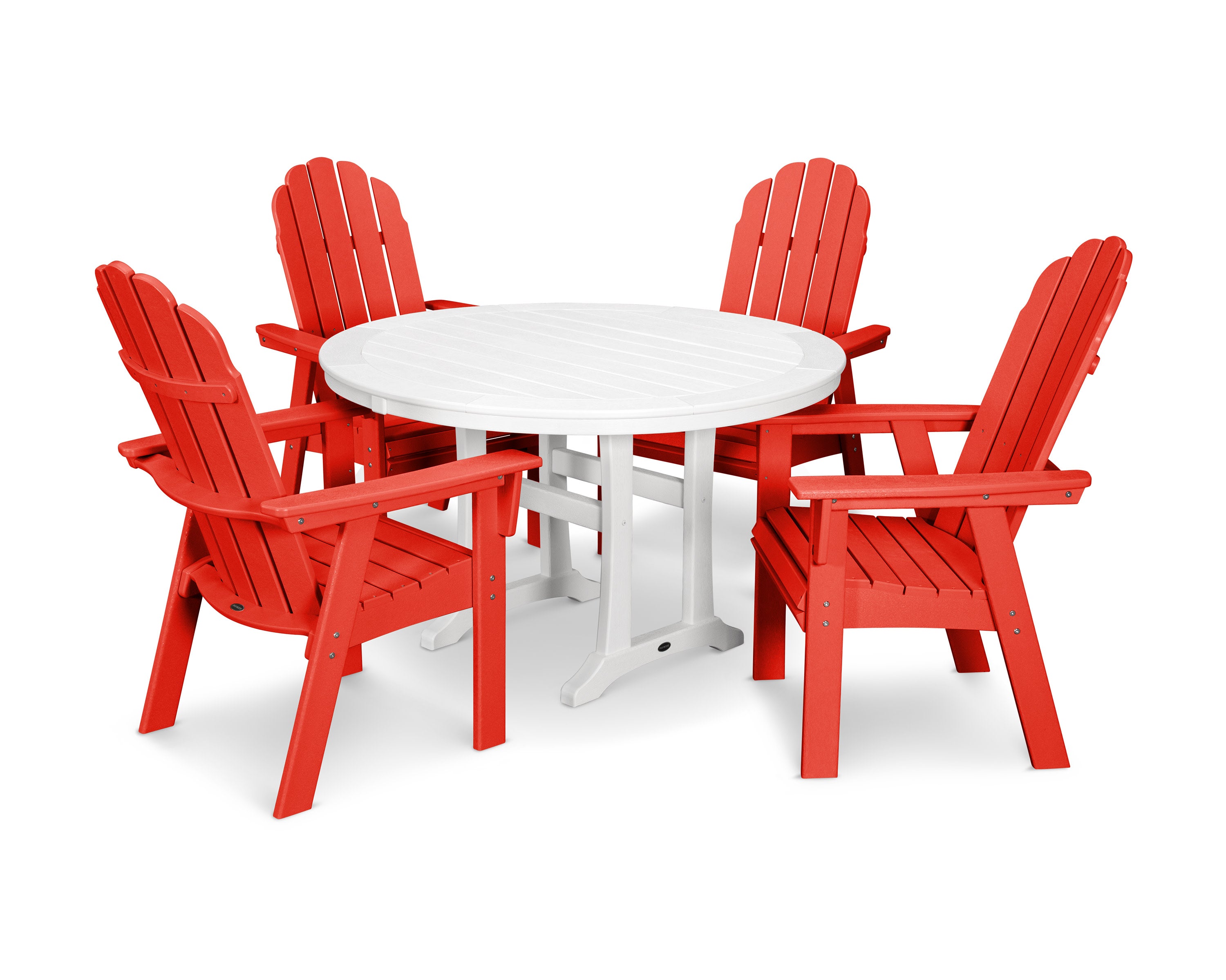 Vineyard Curveback Adirondack 5-Piece Nautical Trestle Dining Set in Sunset Red / White