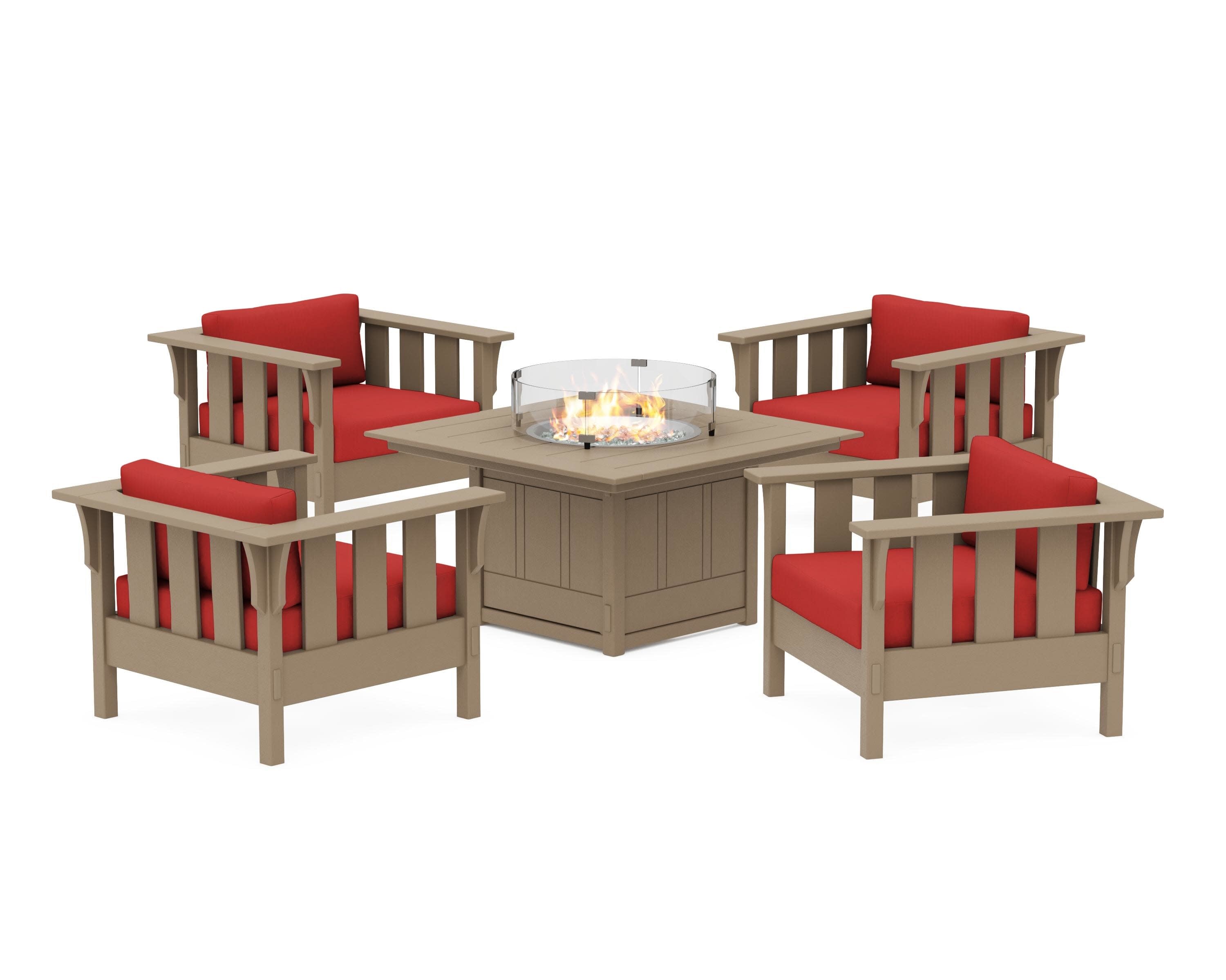 Acadia 5-Piece Deep Seating Set with Fire Pit Table in Vintage Sahara / Crimson Linen