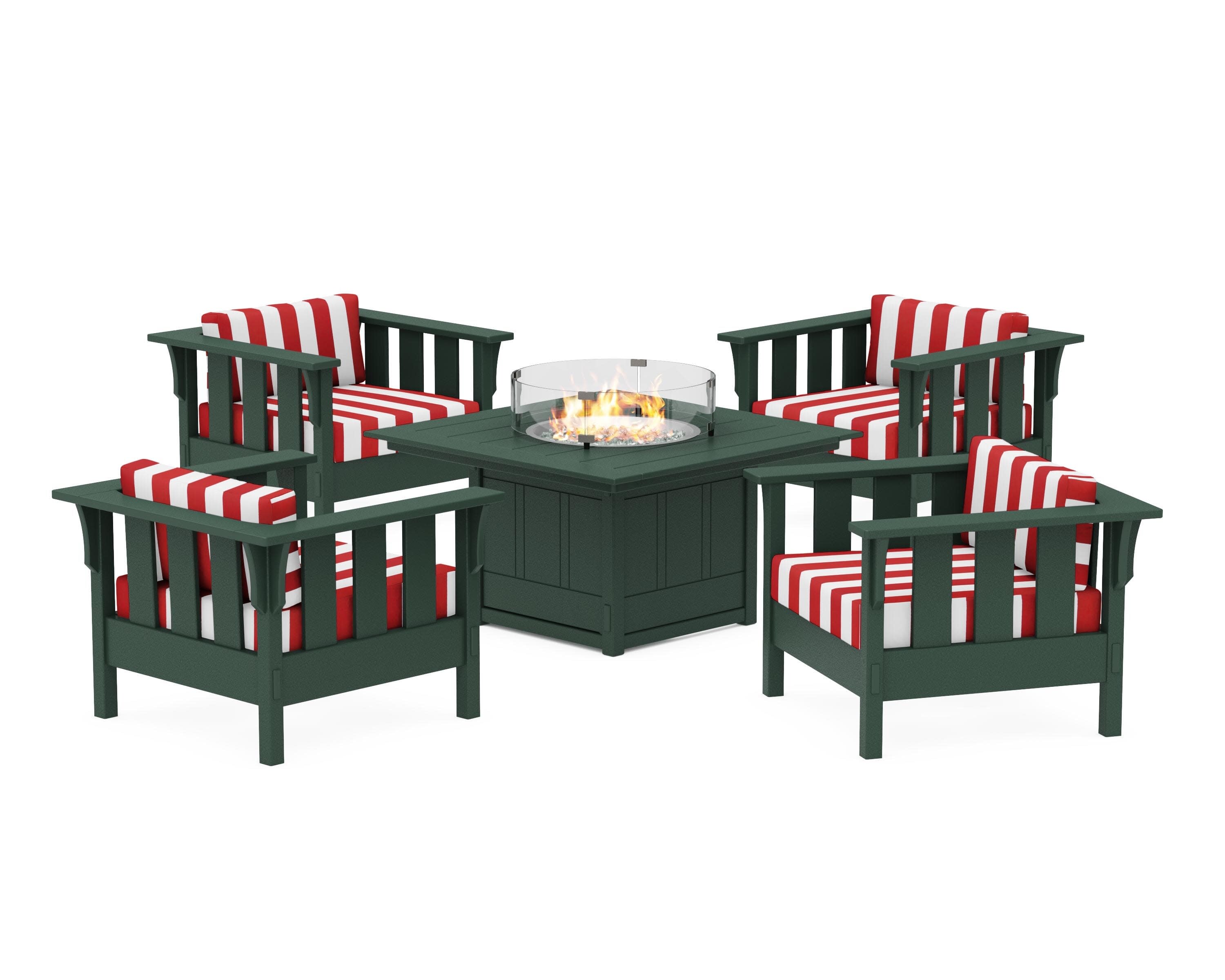 Acadia 5-Piece Deep Seating Set with Fire Pit Table in Green / Cabana Stripe Crimson