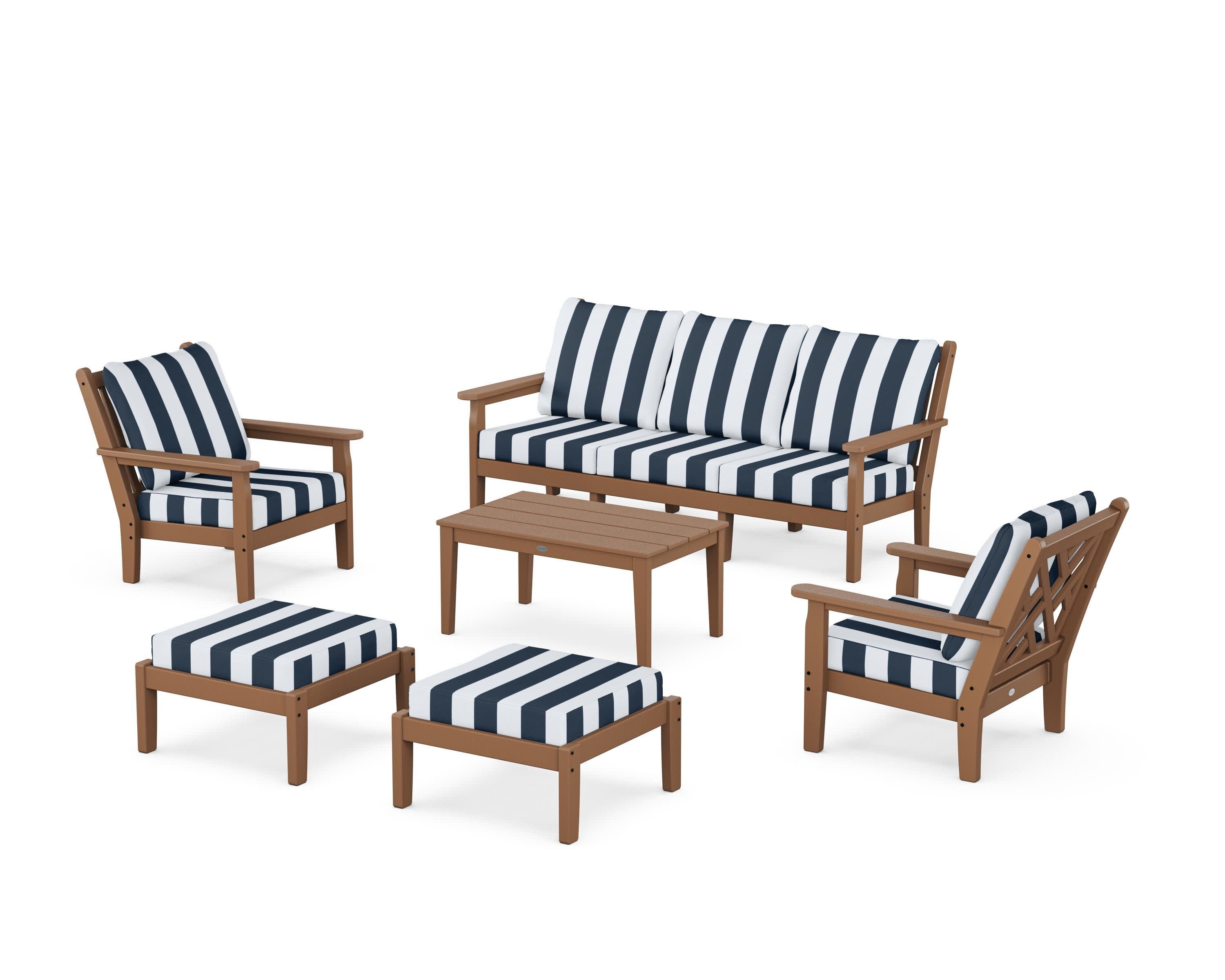 Chippendale 6-Piece Lounge Sofa Set in Teak / Cabana Stripe Marine Indigo