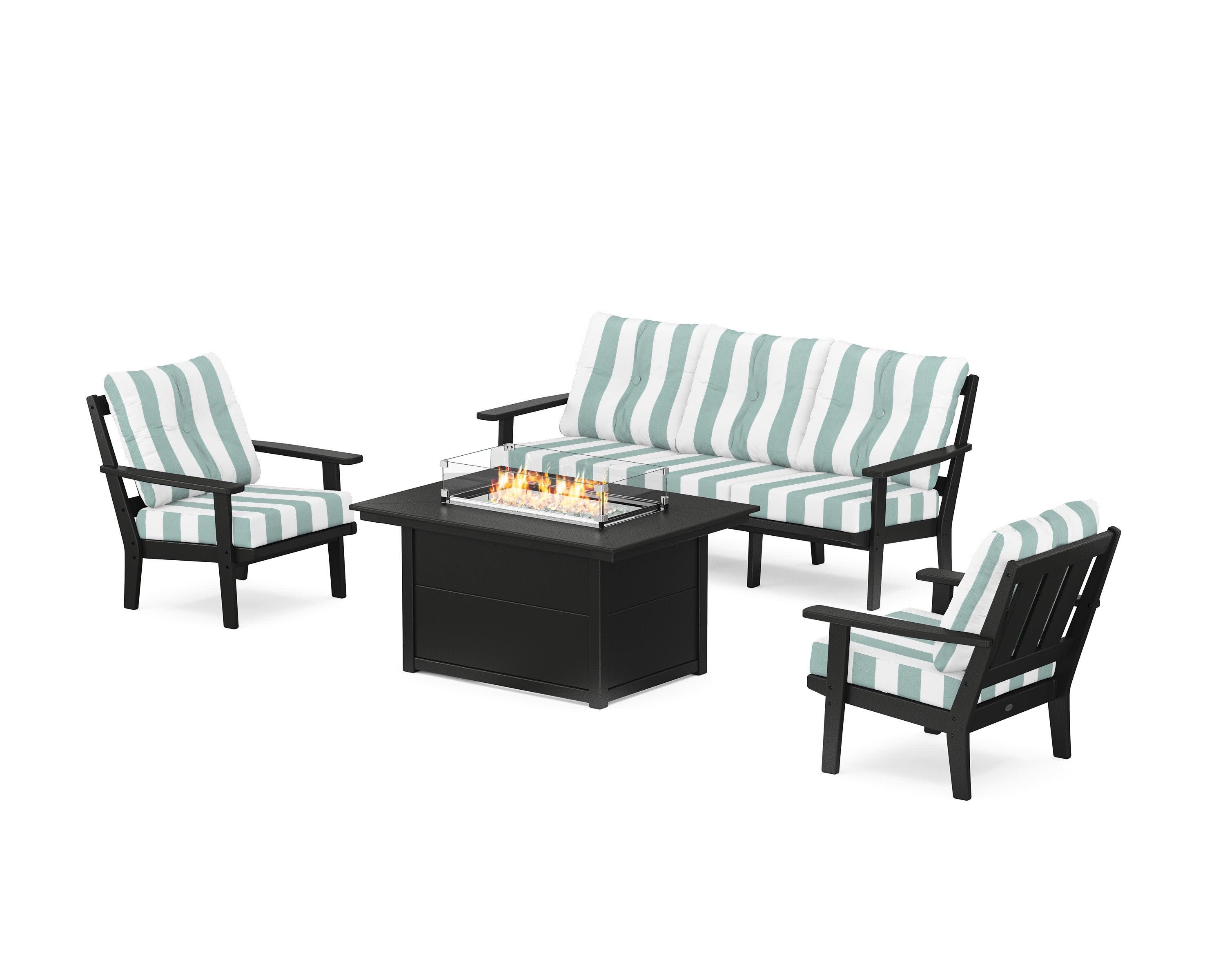 Oxford Deep Seating Fire Pit Table Set in Black / Cabana Stripe Glacier Spa