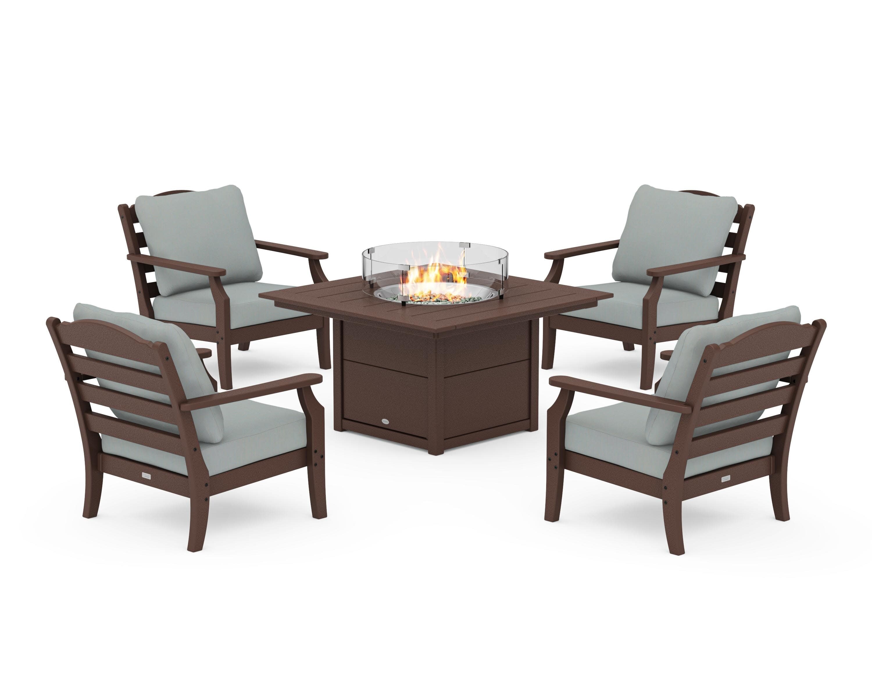 Savannah 5-Piece Deep Seating Set with Fire Pit Table in Mahogany / Spa
