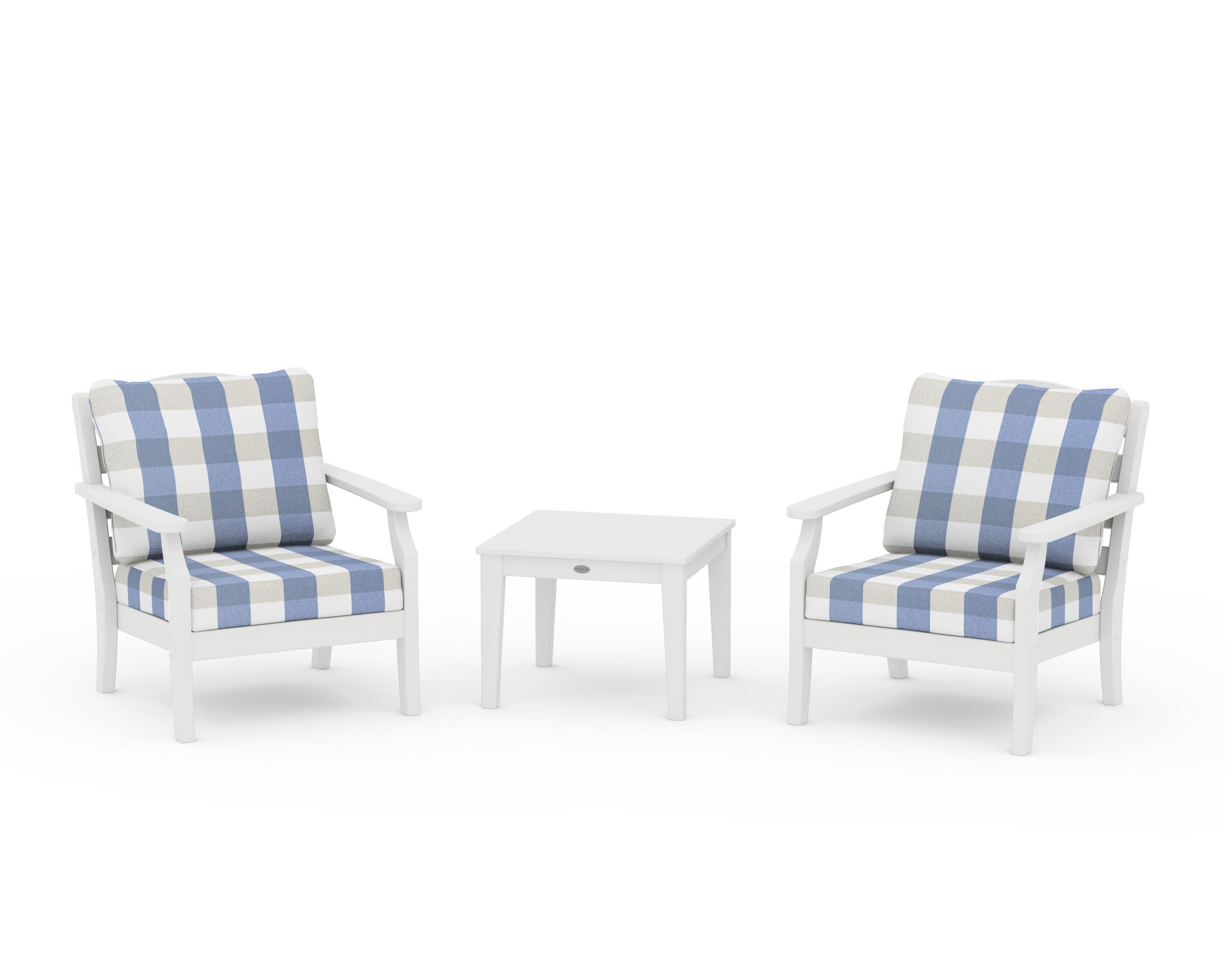 Savannah 3-Piece Deep Seating Set in White / Buffalo Plaid Sky Blue