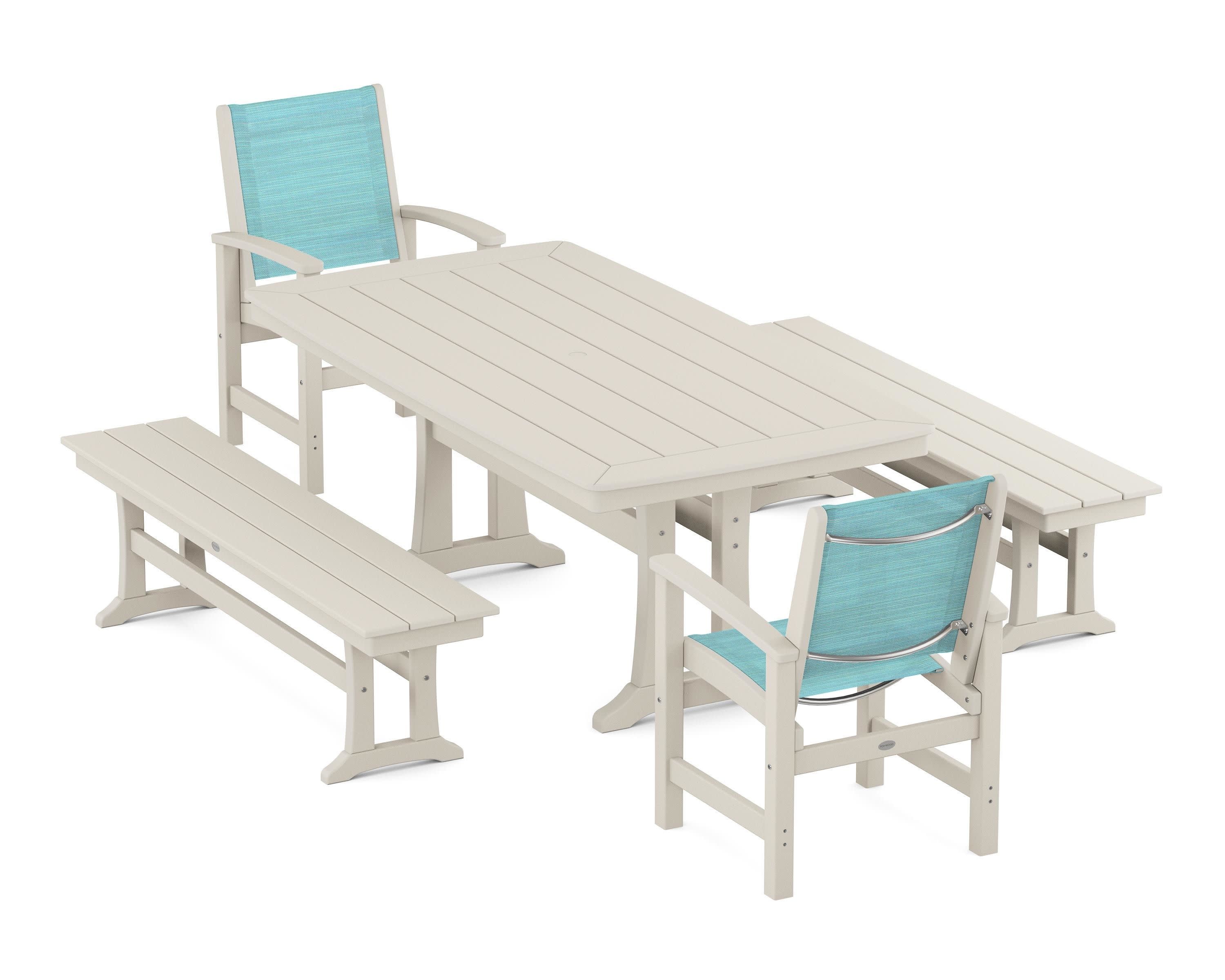 Coastal 5-Piece Dining Set with Trestle Legs and Benches in Sand / Dupioni Aquamarine Sling