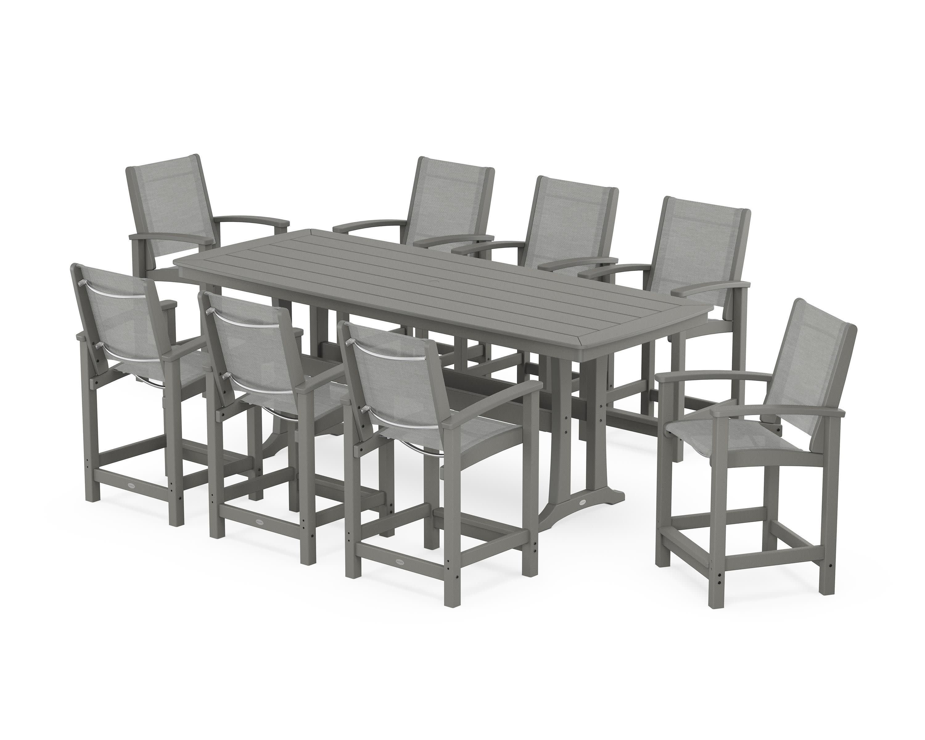 Coastal 9-Piece Counter Set with Trestle Legs in Slate Grey / Metallic Sling