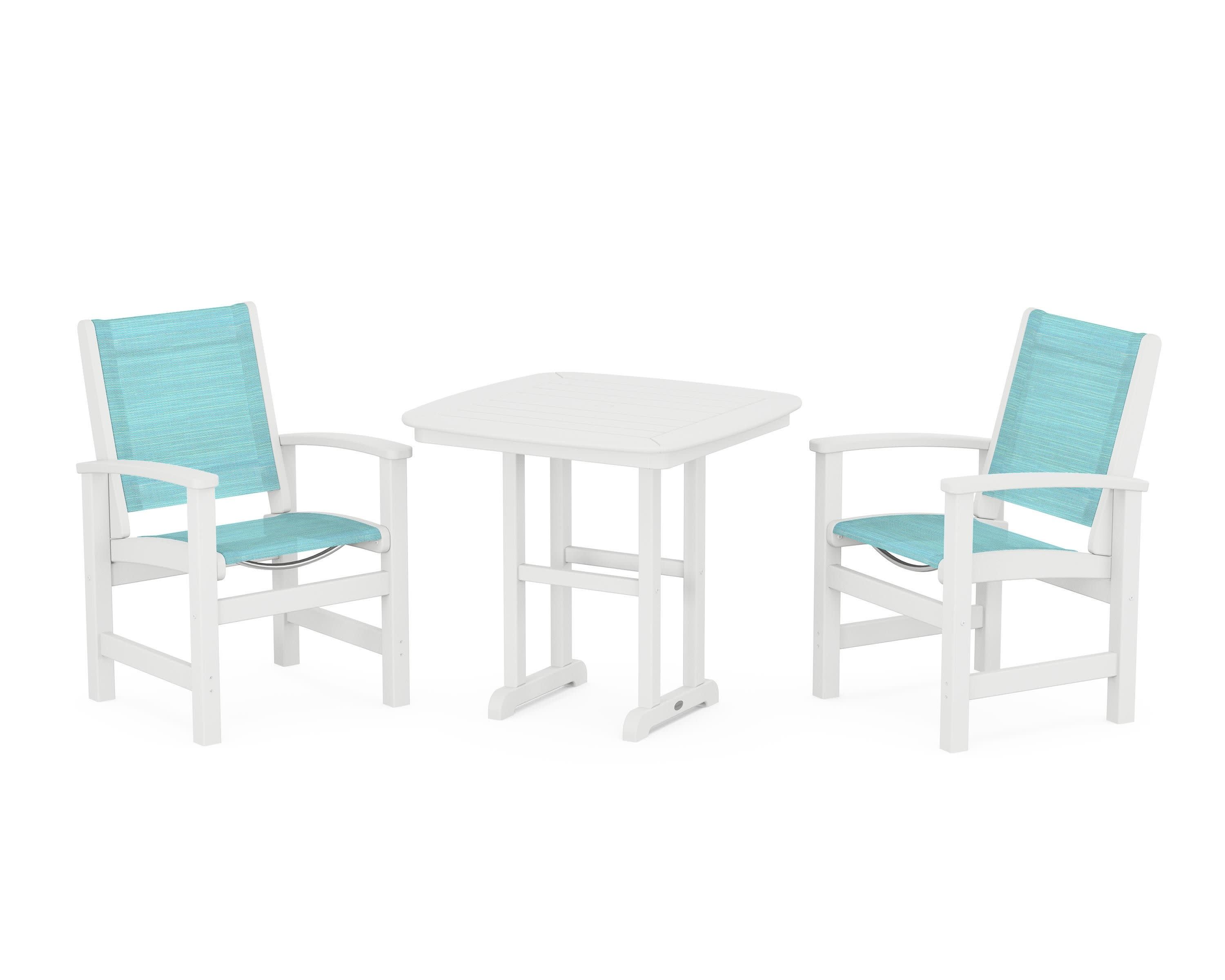 Coastal 3-Piece Dining Set in White / Dupioni Aquamarine Sling
