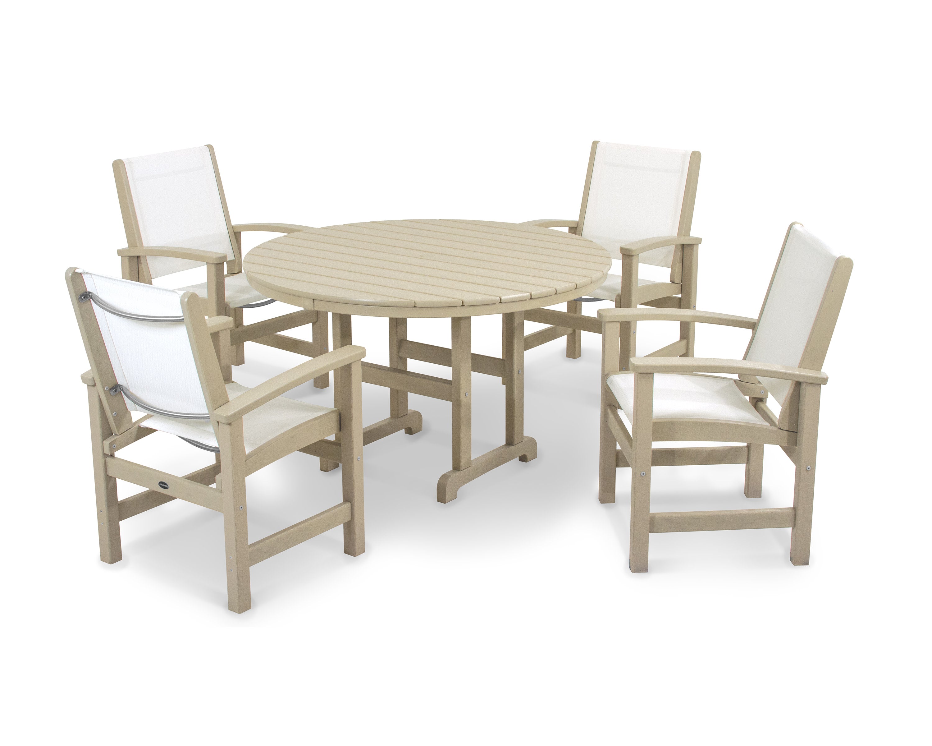 Coastal 5-Piece Round Farmhouse Dining Set in Sand / White Sling